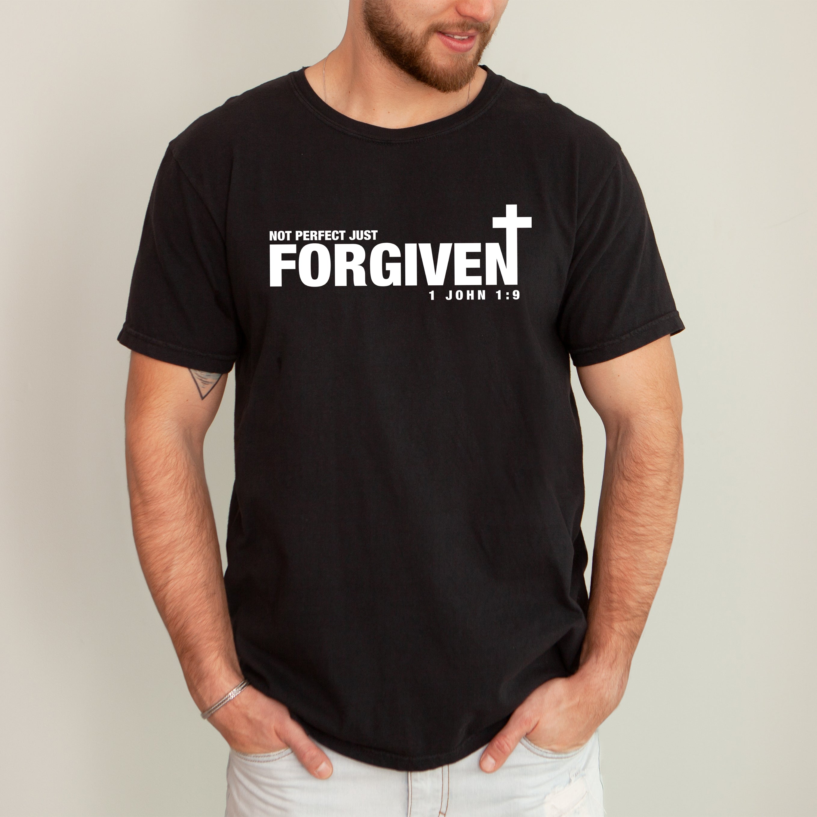Not Perfect, Just Forgiven John Jesus Gospel Faith Bible Verse Inspired Comfort Colors Tee