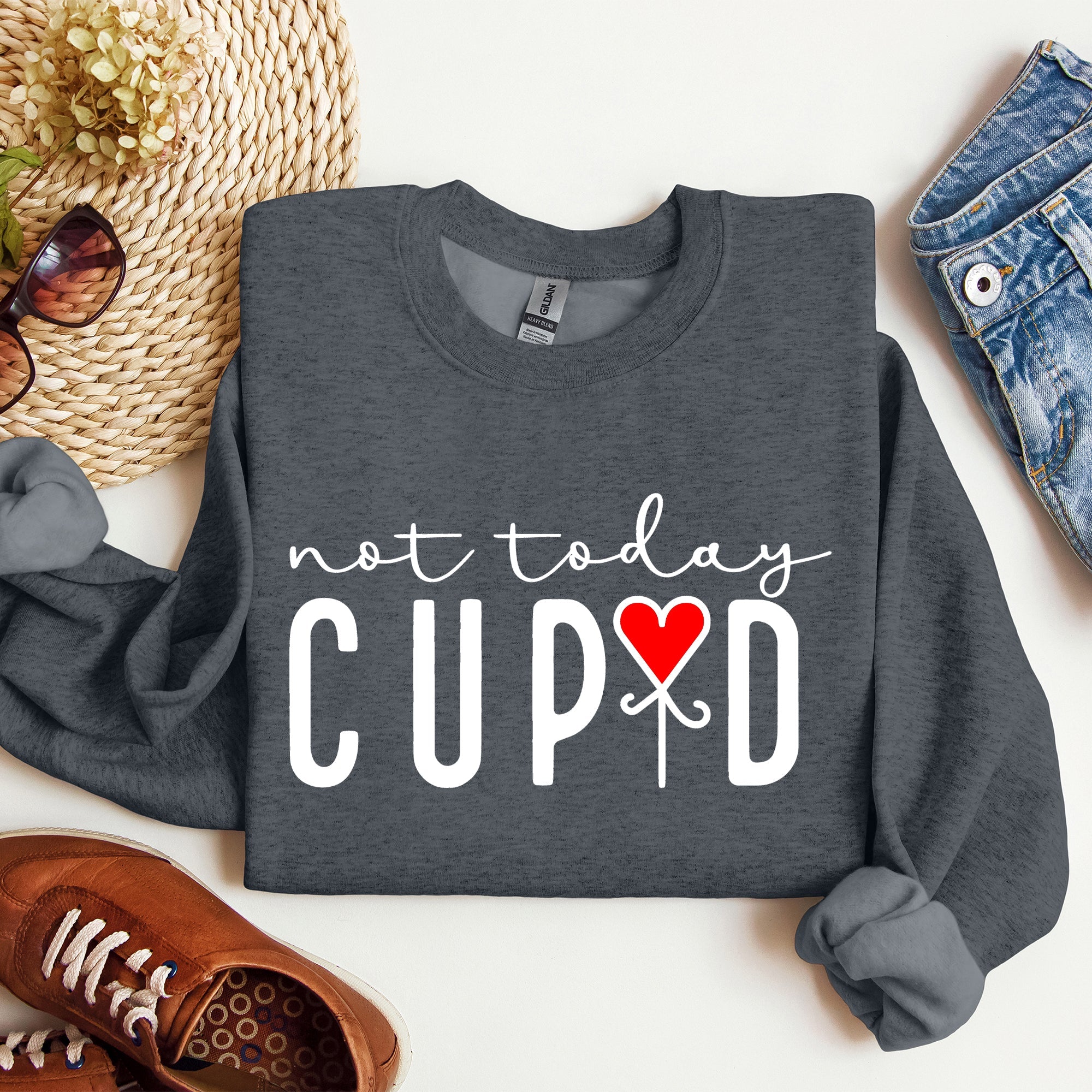 Not Today Cupid Valentine's Day Heart Design For Lovers Graphic Inspired By Classic Romance Holiday Statement Sweatshirt