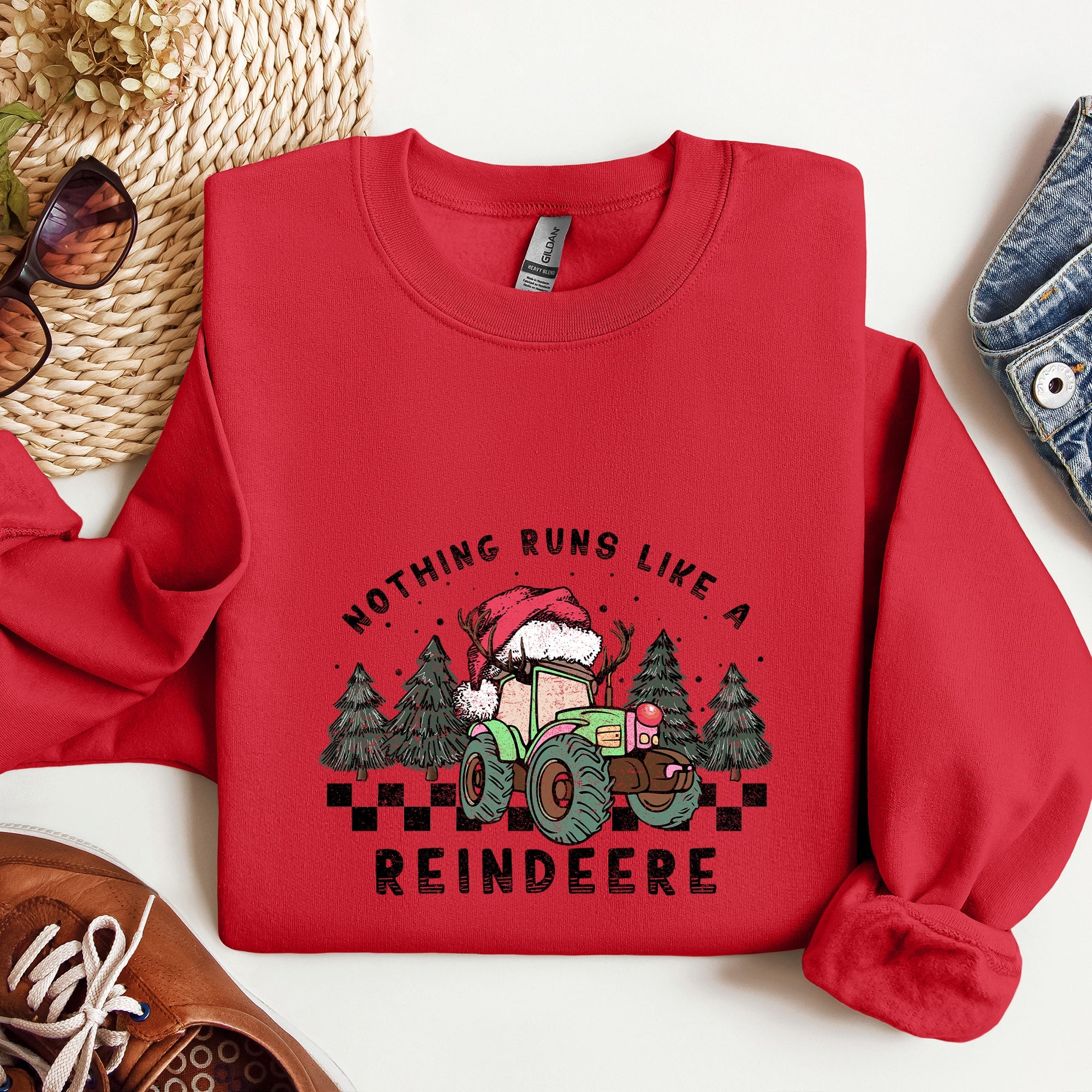 Nothing Runs Like A Reindeere Deere Christmas Tractor Farm Life Festive Sweatshirt