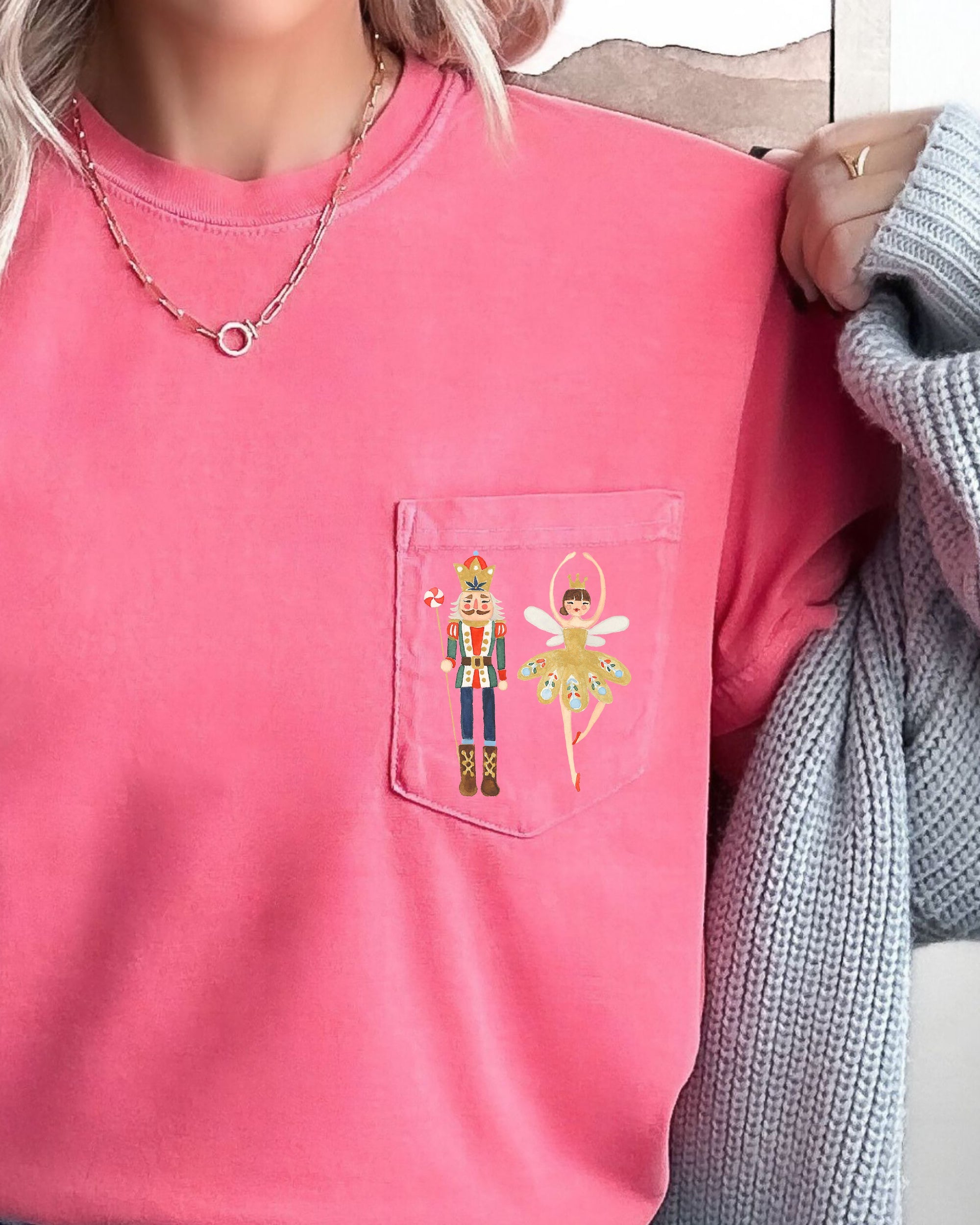Nutcracker Ballet Ballerina Pocket Christmas Winter Snow Santa Xmas Comfort Colors Tee