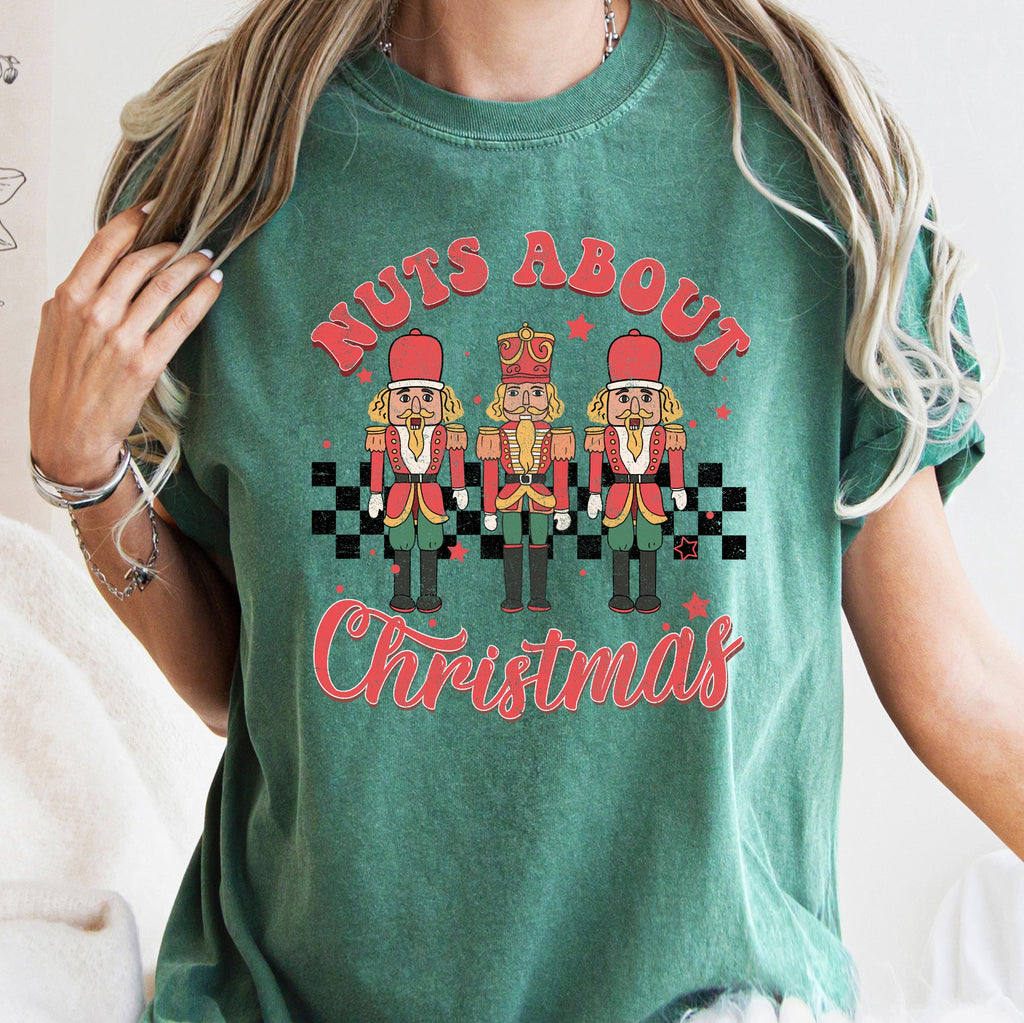 Nuts About Christmas Nutcrackers Retro Checkered Pattern Holiday Vibe Comfort Colors Tee