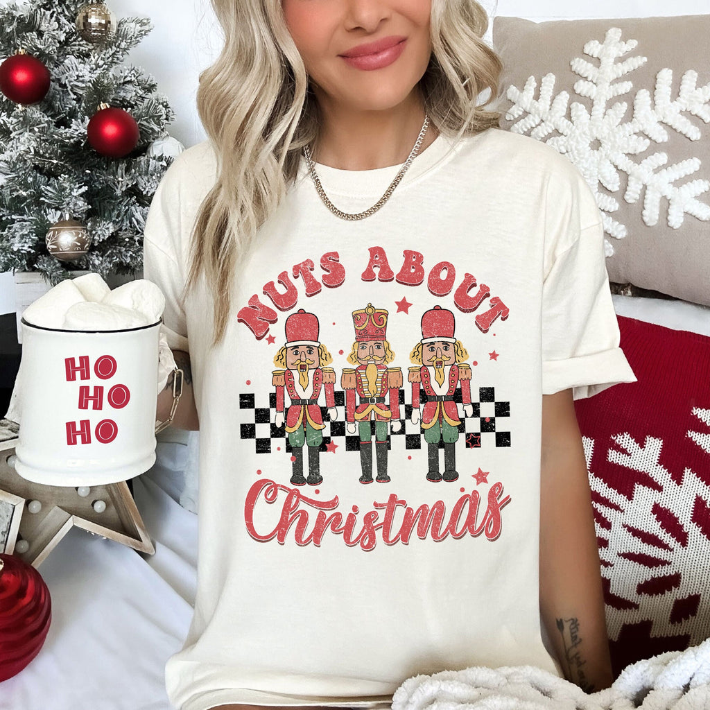 Nuts About Christmas Nutcrackers Retro Checkered Pattern Holiday Vibe Comfort Colors Tee