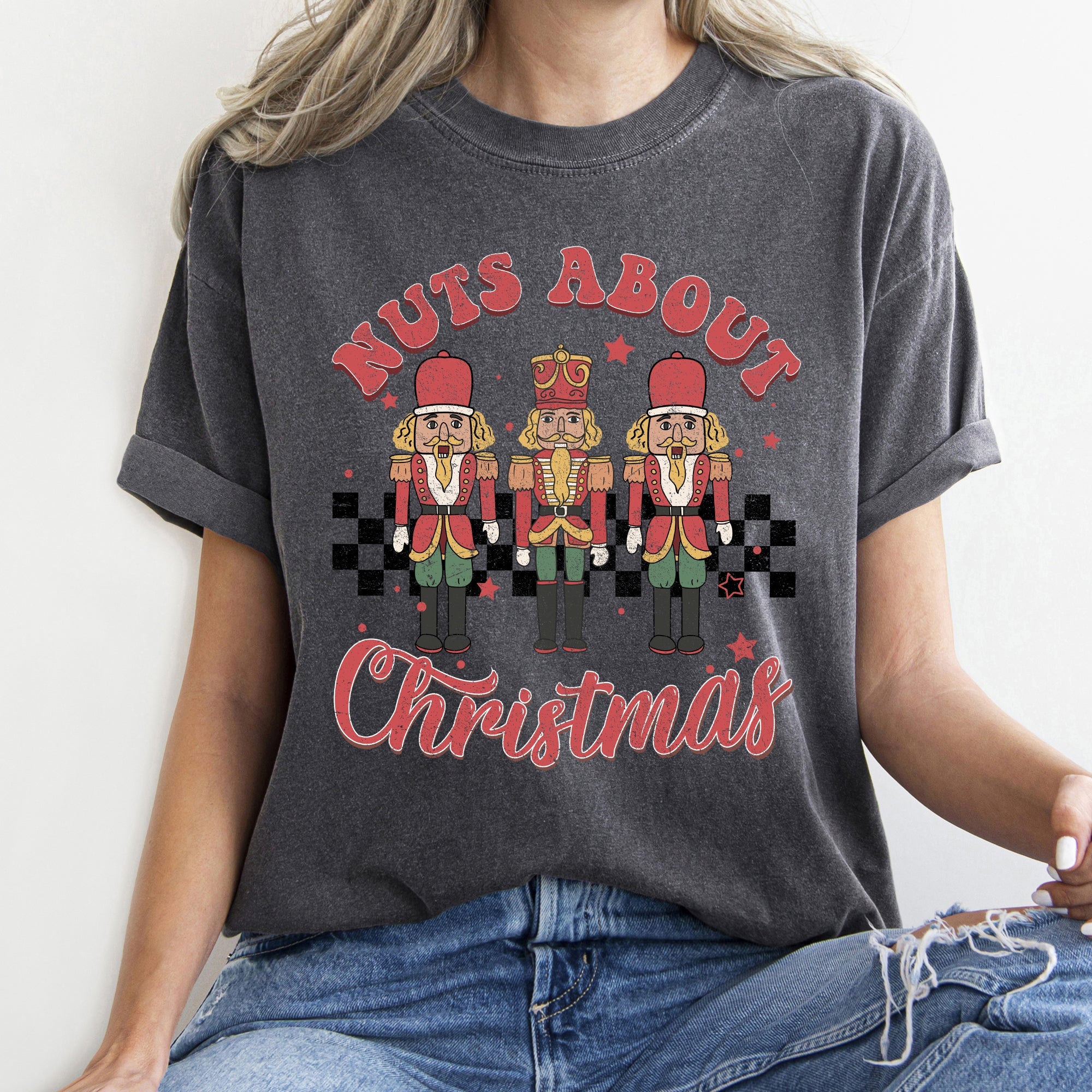 Nuts About Christmas Nutcrackers Retro Checkered Pattern Holiday Vibe Comfort Colors Tee