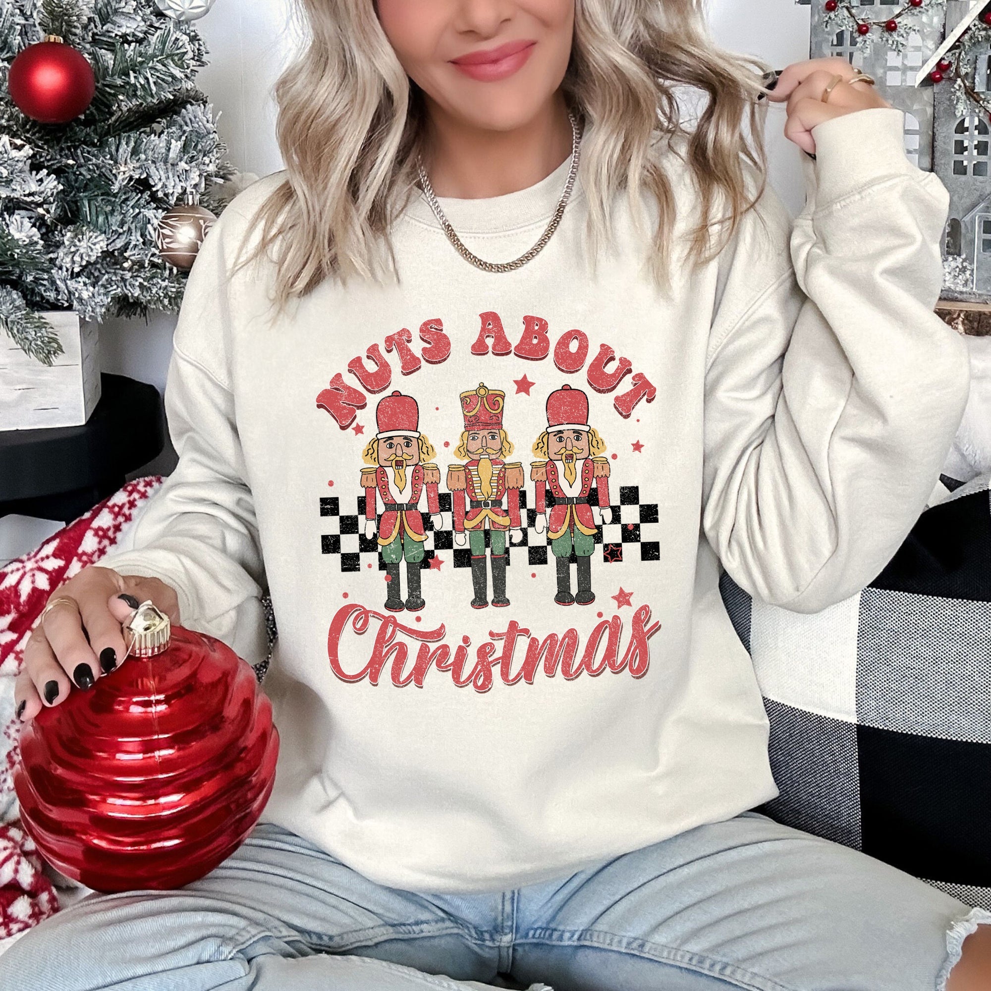 Nuts About Christmas Nutcrackers Retro Checkered Festive Holiday Edition Sweatshirt