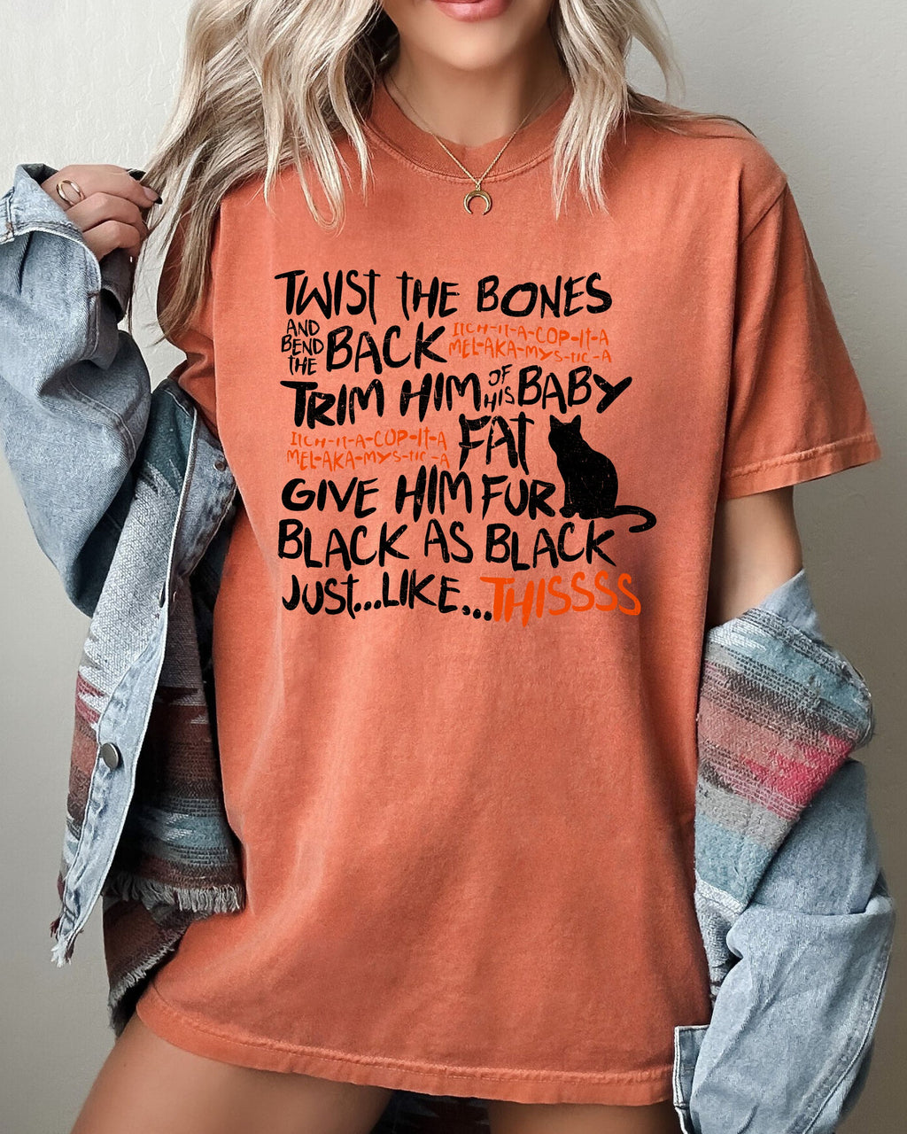 Twist The Bones Cat Skeleton Spooky Ghost Witch Halloween Graphic Comfort Colors Tee