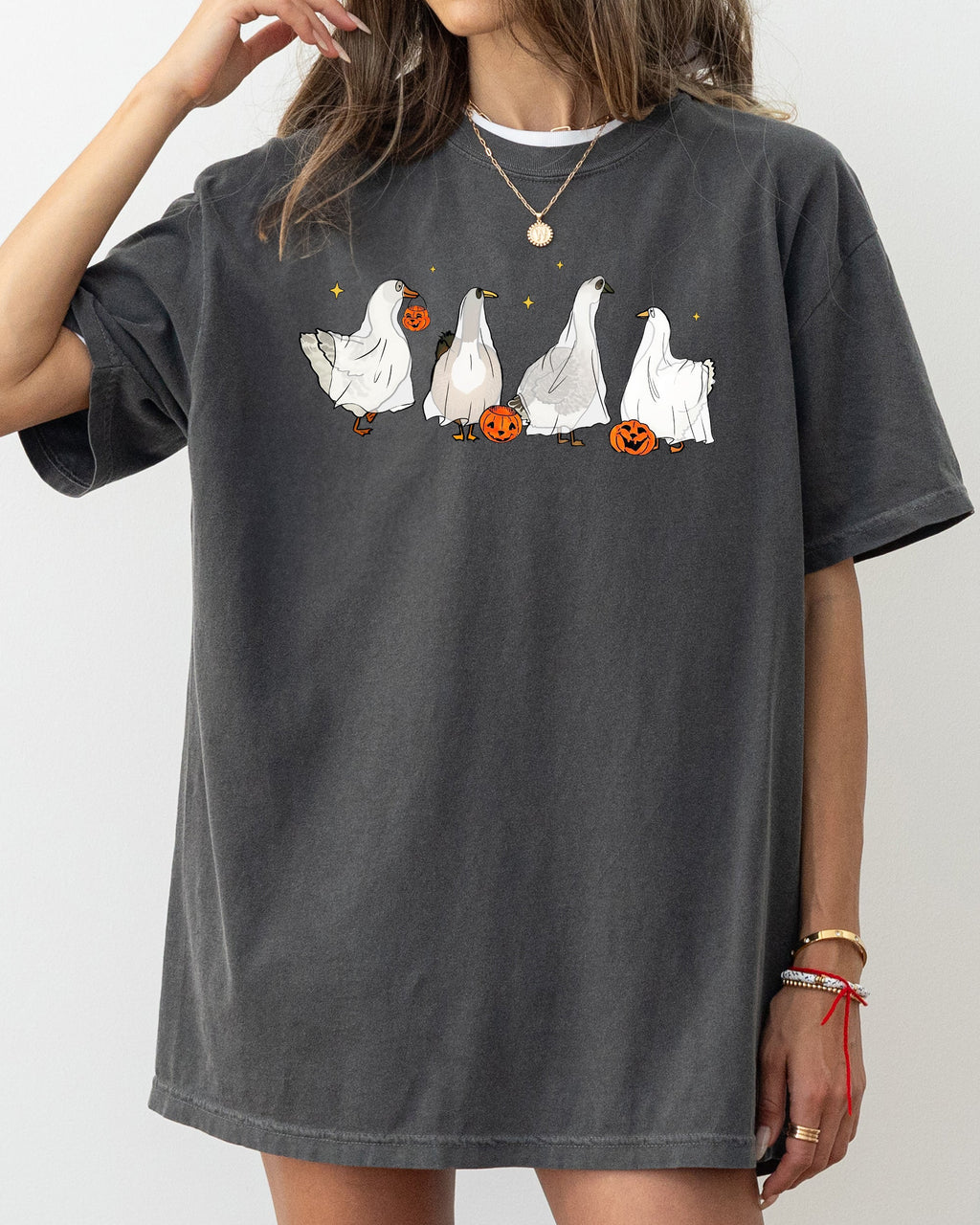 Ghost Geese Farm Skeleton Pumpkin Witch Halloween Meme Spooky Night Comfort Colors Tee