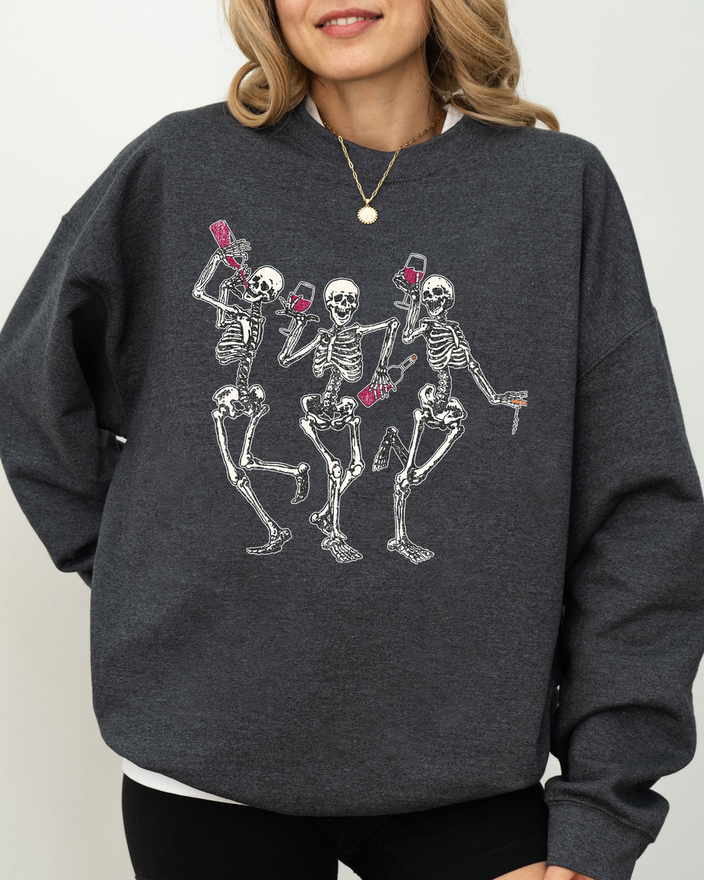 Dancing Skeletons Drinking Wine Ghost Spooky Witch Halloween Theme Comic Vibe Sweatshirt
