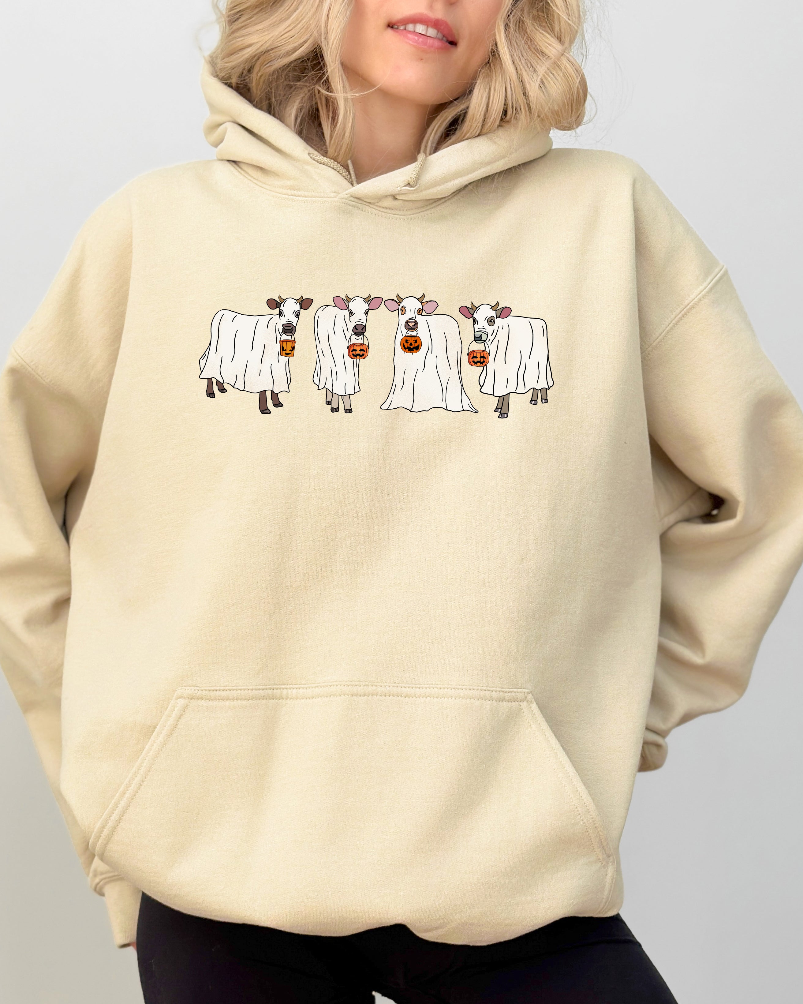 Ghost Cows Farm Skeleton Spooky Witch Halloween Costume Night Moonlit Haunted Harvest Mystic Edition Hoodie