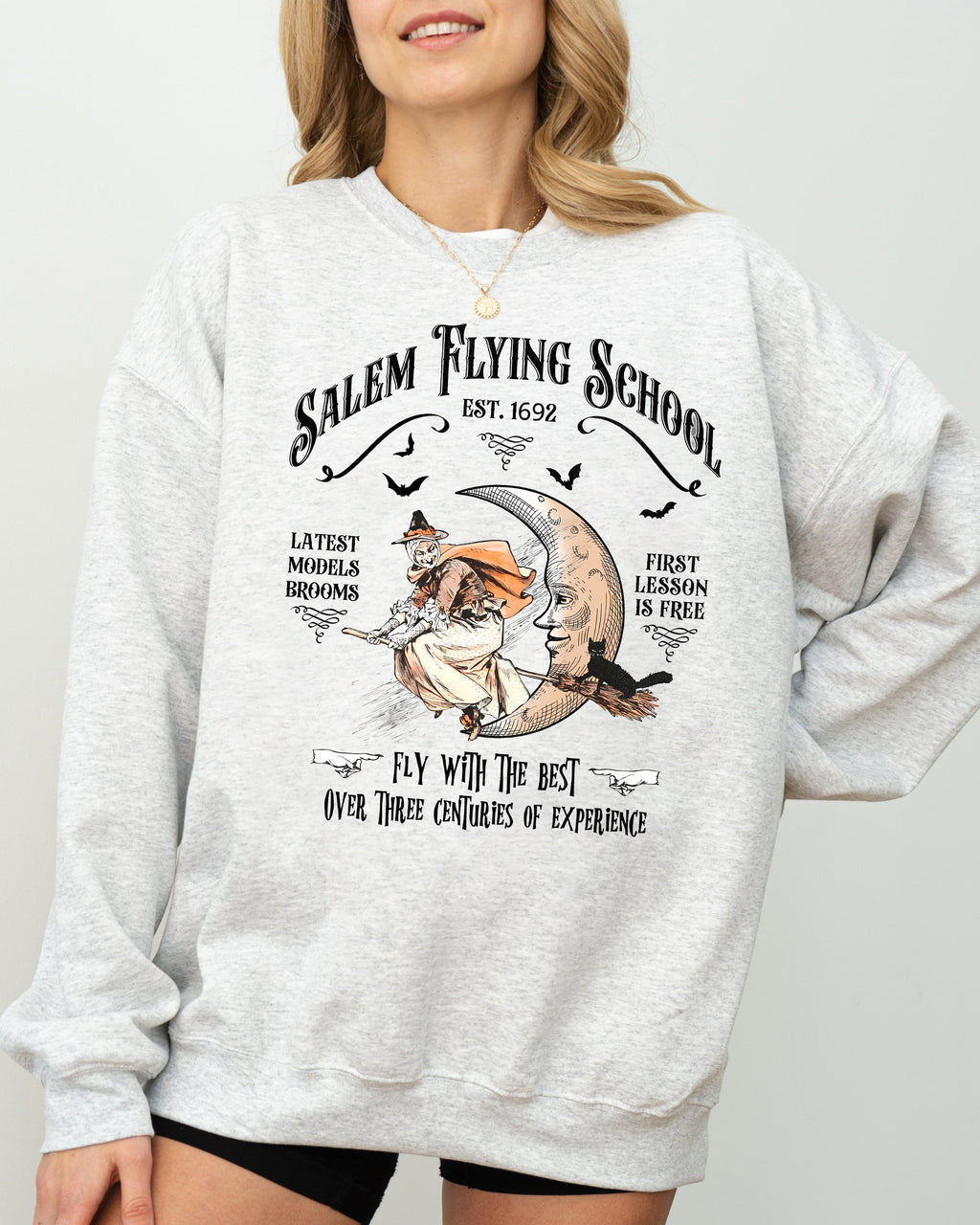 Salem Flying School Skeleton Funny Spooky Witch Aesthetic Meme Halloween Costume Sweatshirt