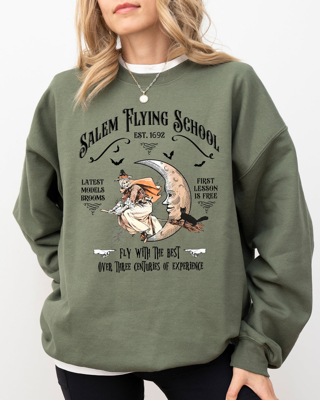 Salem Flying School Skeleton Funny Spooky Witch Aesthetic Meme Halloween Costume Sweatshirt