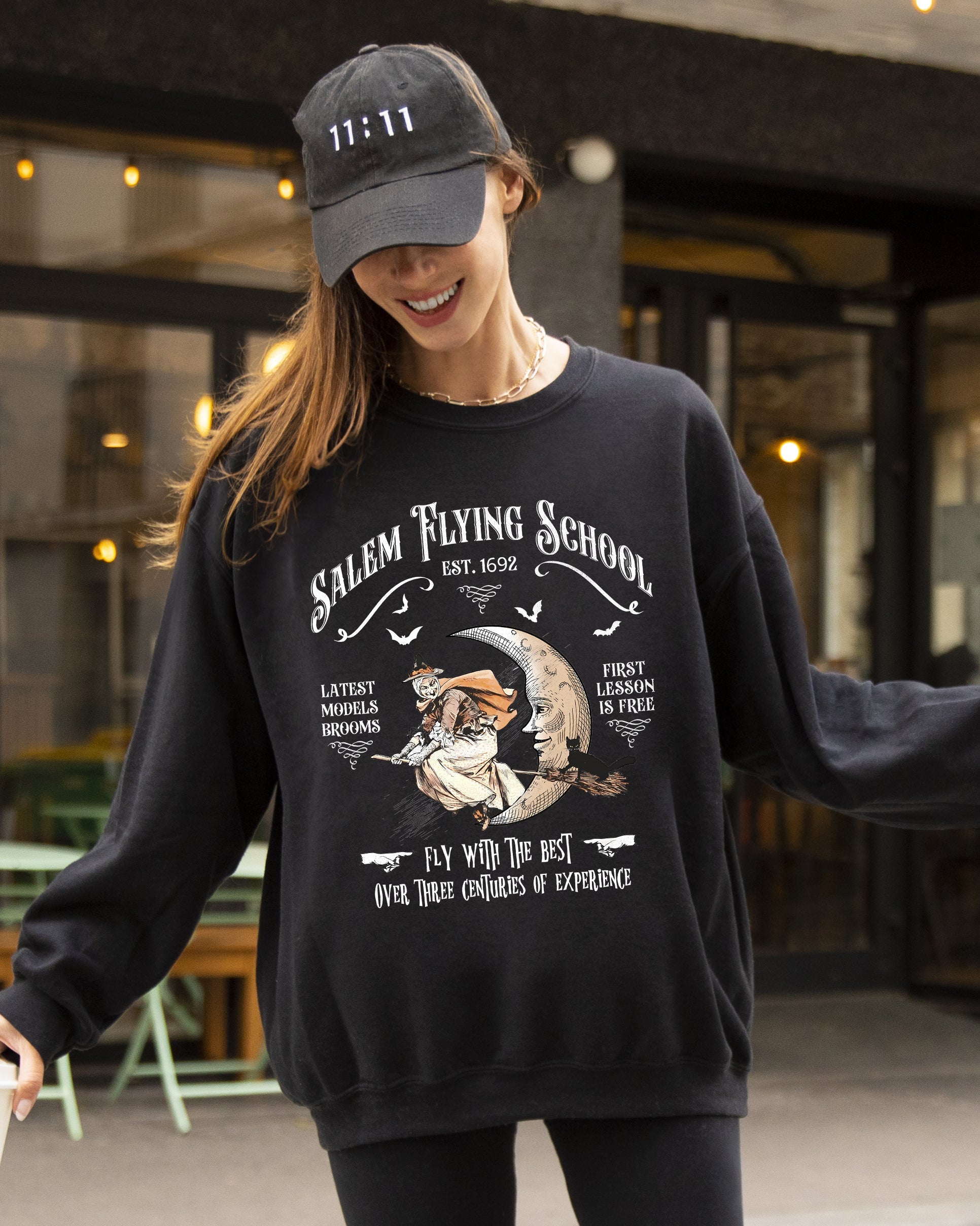 Salem Flying School Skeleton Funny Spooky Witch Aesthetic Meme Halloween Costume Sweatshirt