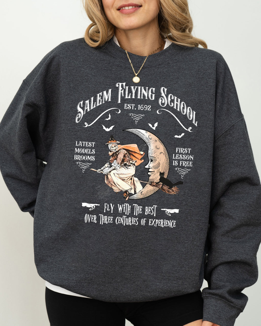 Salem Flying School Skeleton Funny Spooky Witch Aesthetic Meme Halloween Costume Sweatshirt