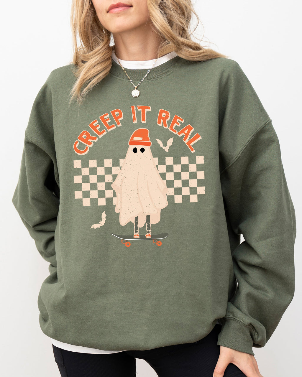 Creep It Real Retro Ghost Skeleton Witch Halloween Meme Nostalgic Spooky Vibe Sweatshirt