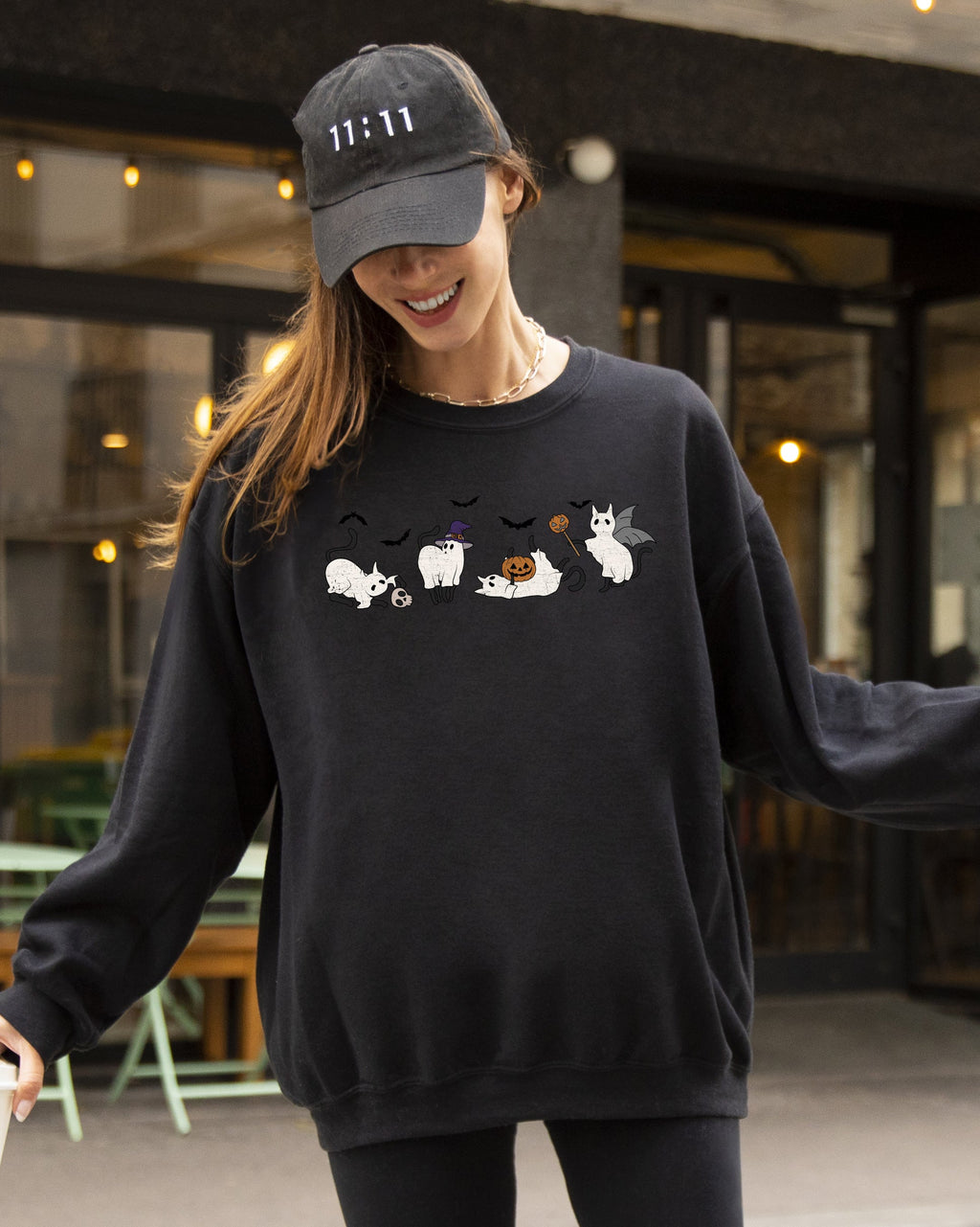 Mini Ghost Cats Farm Witch Skull Halloween Spooky Seasonal Favorite For Halloween Lovers Graphic Sweatshirt