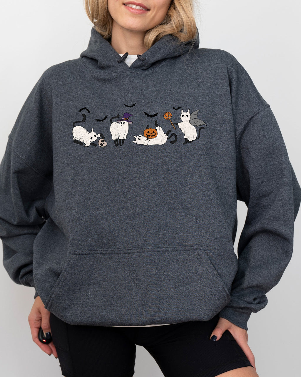 Mini Ghost Cats Across Farm Witch Skull Spooky Halloween Costume Design For Cozy Nighttime Display Hoodie
