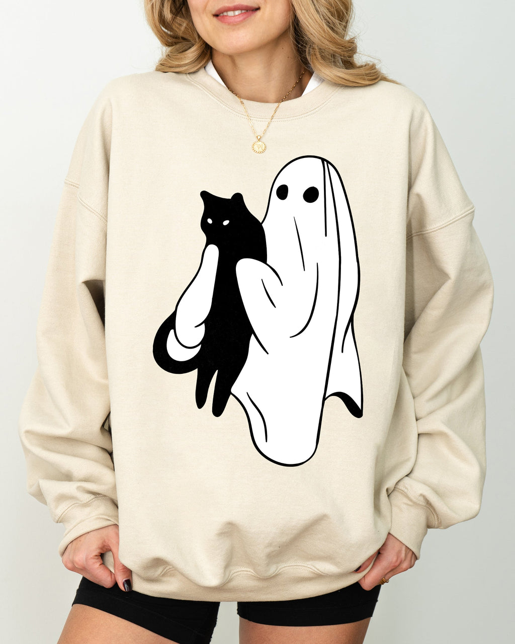 Ghost And Cat Skeleton Witch Skull Spooky Halloween Costume Graphic Design Sweatshirt