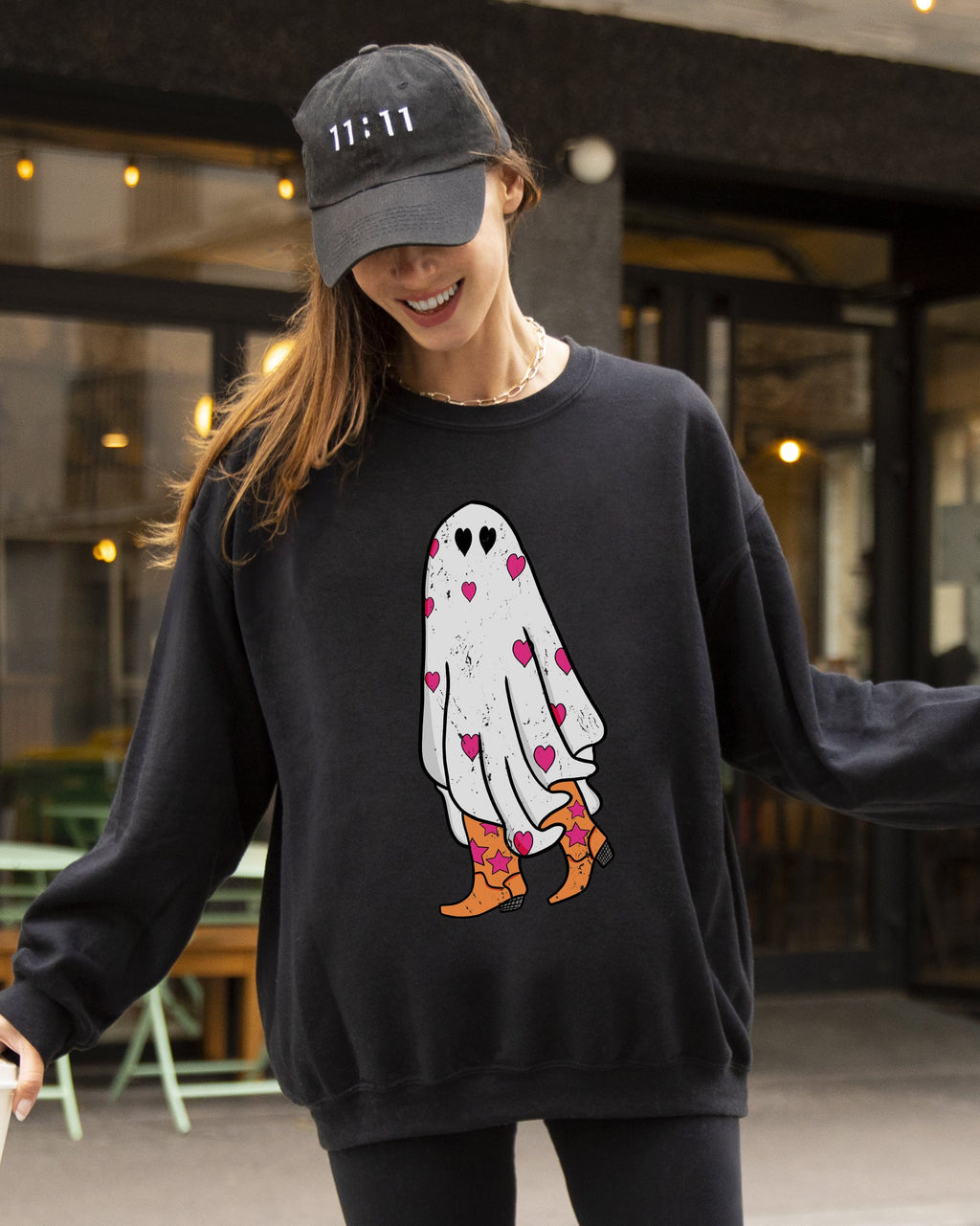 Cowgirl Ghost Western Skeleton Witch Skull Spooky Halloween Costume Deluxe Sweatshirt
