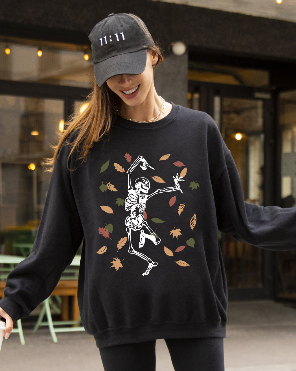 Fall Leaves Skeleton Ghost Witch Skull Meme Spooky Halloween Costume Graphic Sweatshirt