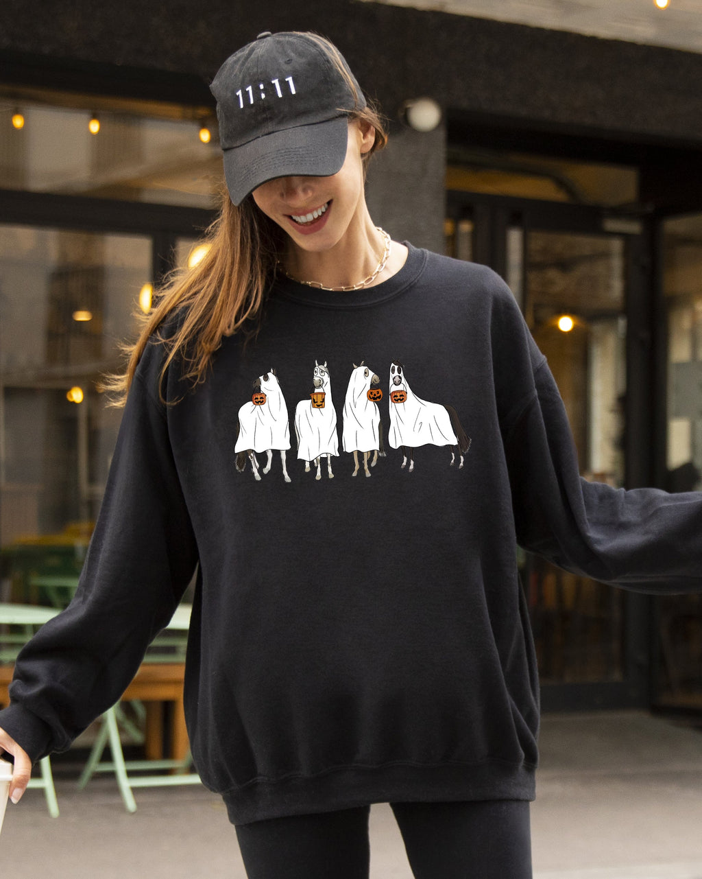 Haunted Horse Ghost Farm Skeleton Witch Skull Halloween Spooky Meme Design Sweatshirt