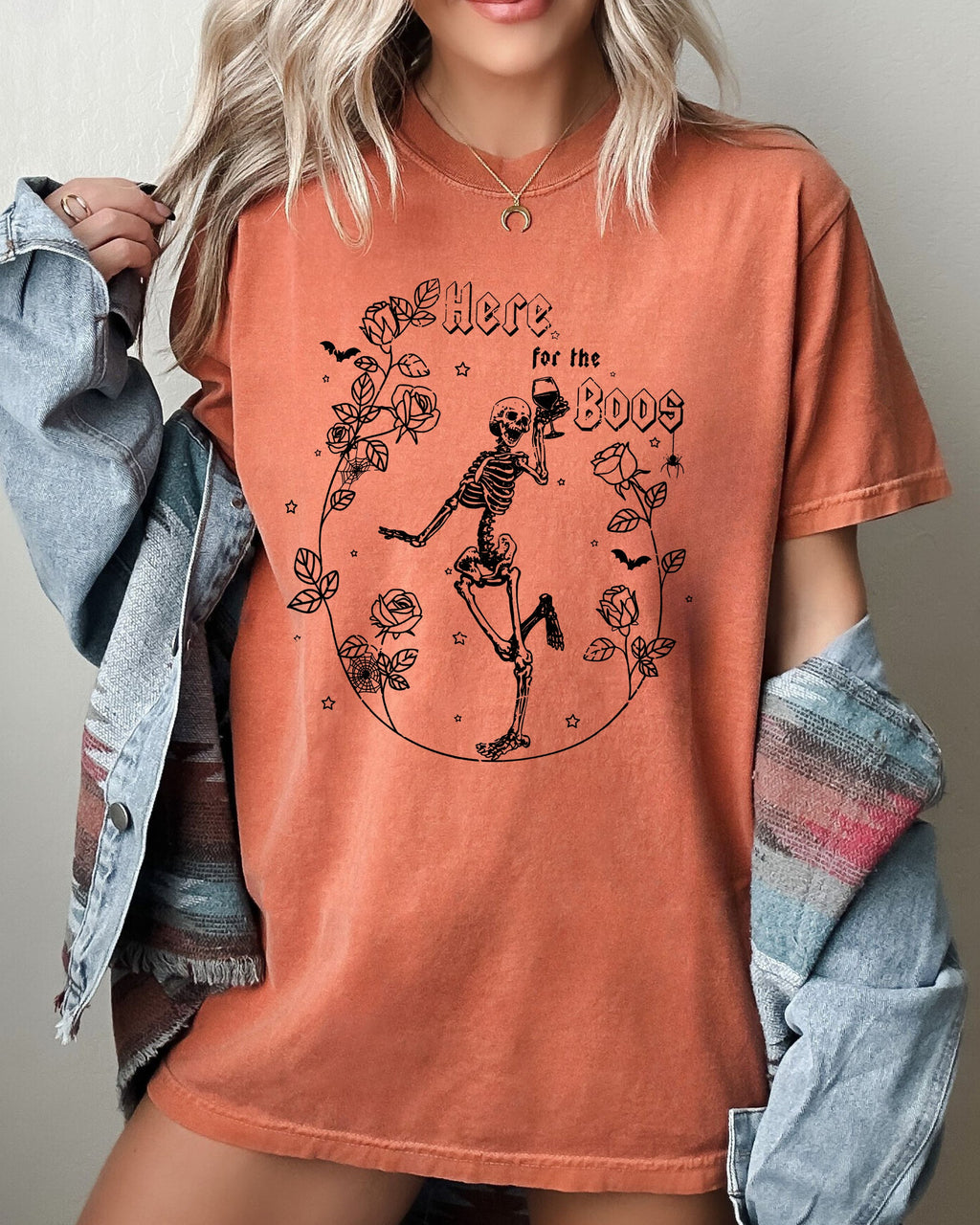 Here For The Boos Skeleton Ghost Witch Skull Spooky Aesthetic Meme Halloween Costume Comfort Colors Tee