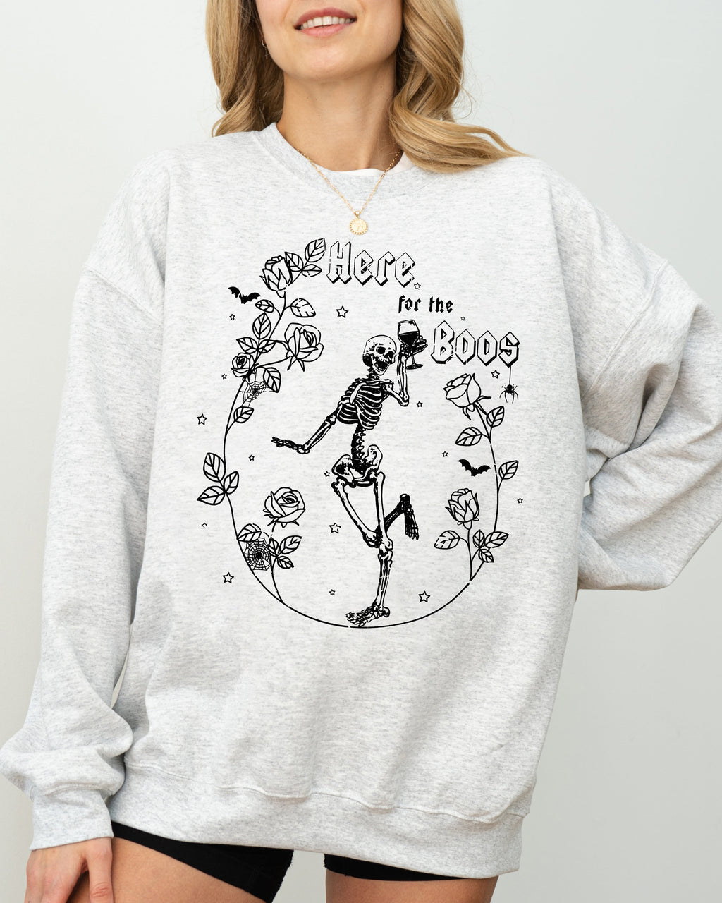 Here For The Boos Skeleton Ghost Witch Skull Spooky Aesthetic Meme Halloween Costume Sweatshirt