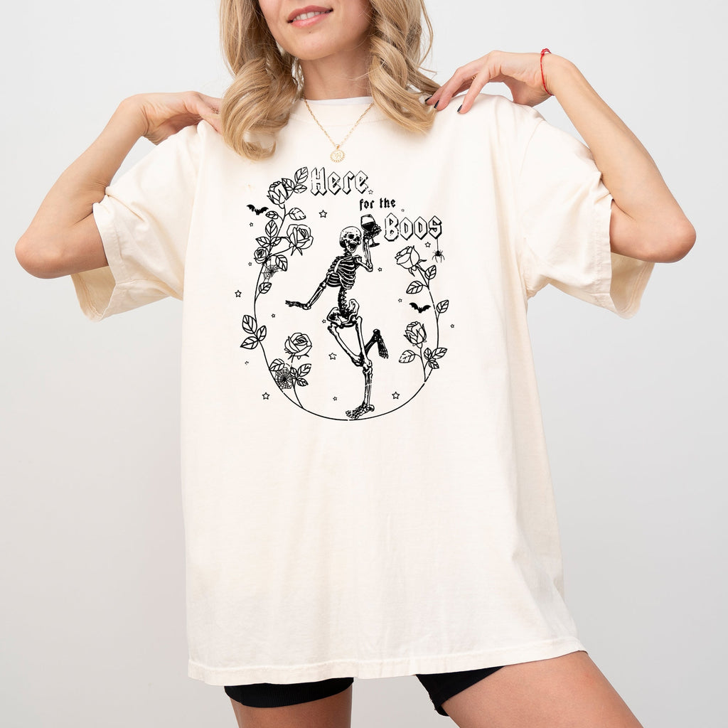 Here For The Boos Skeleton Ghost Witch Skull Spooky Aesthetic Meme Halloween Costume Comfort Colors Tee