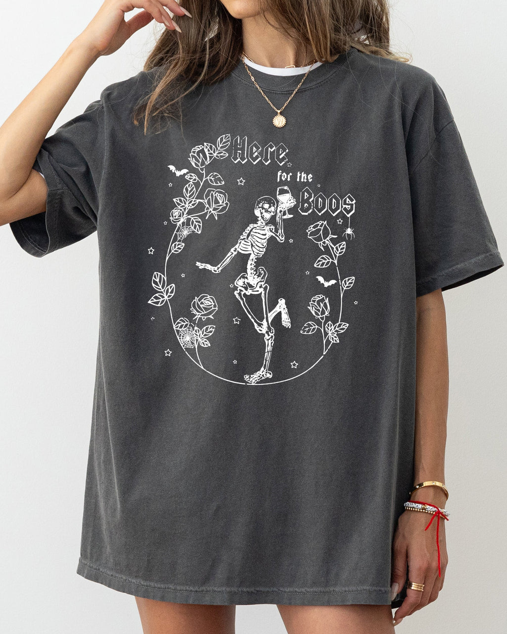 Here For The Boos Skeleton Ghost Witch Skull Spooky Aesthetic Meme Halloween Costume Comfort Colors Tee