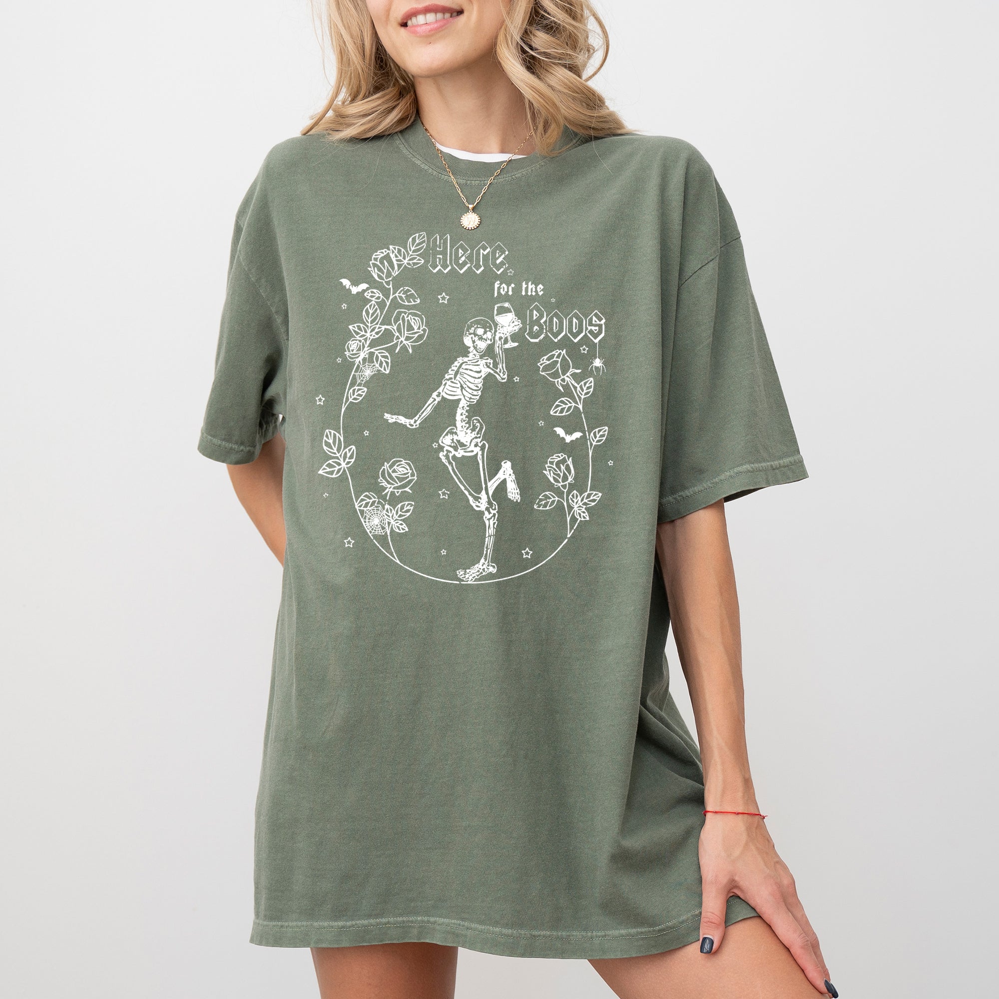 Here For The Boos Skeleton Ghost Witch Skull Spooky Aesthetic Meme Halloween Costume Comfort Colors Tee