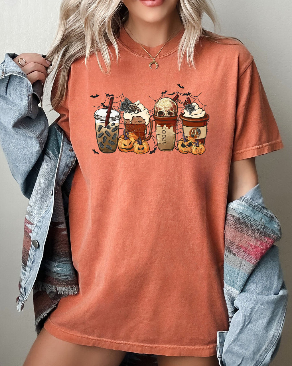 Halloween Coffee Retro Skeleton Ghost Witch Skull Spooky Meme Costume Comfort Colors Tee