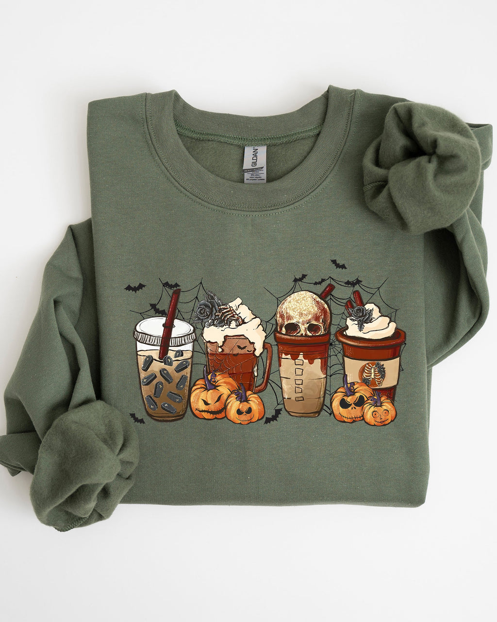 Halloween Coffee Retro Skeleton Ghost Witch Skull Spooky Meme Graphic Print Sweatshirt