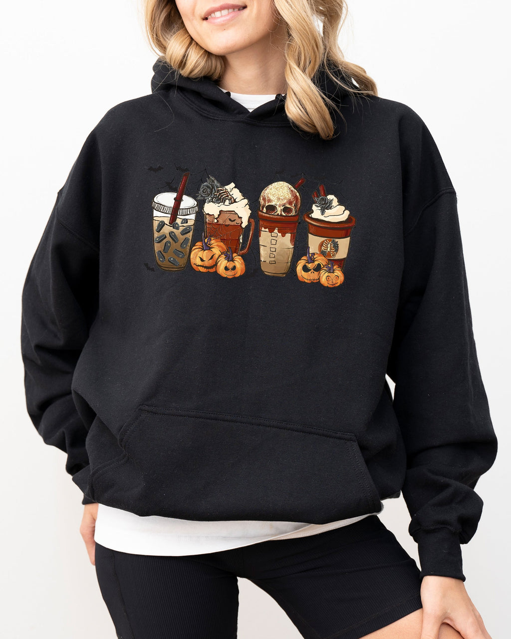 Halloween Coffee Retro Skeleton Ghost Witch Skull Spooky Meme Graphic Hooded Sweatshirt