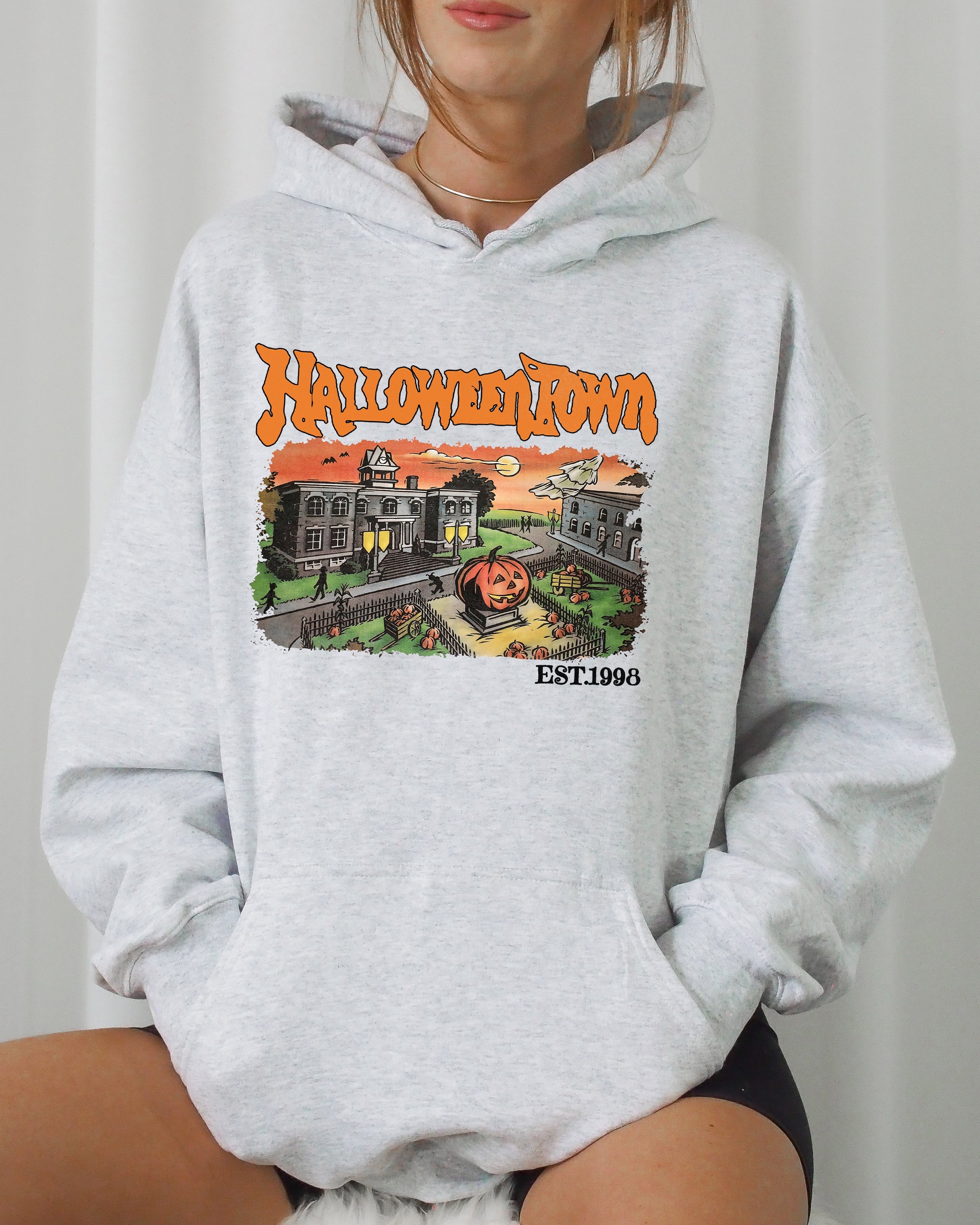 Halloweentown Horror Movie Skeleton Ghost Witch Skull Spooky Meme Design Hooded Sweatshirt