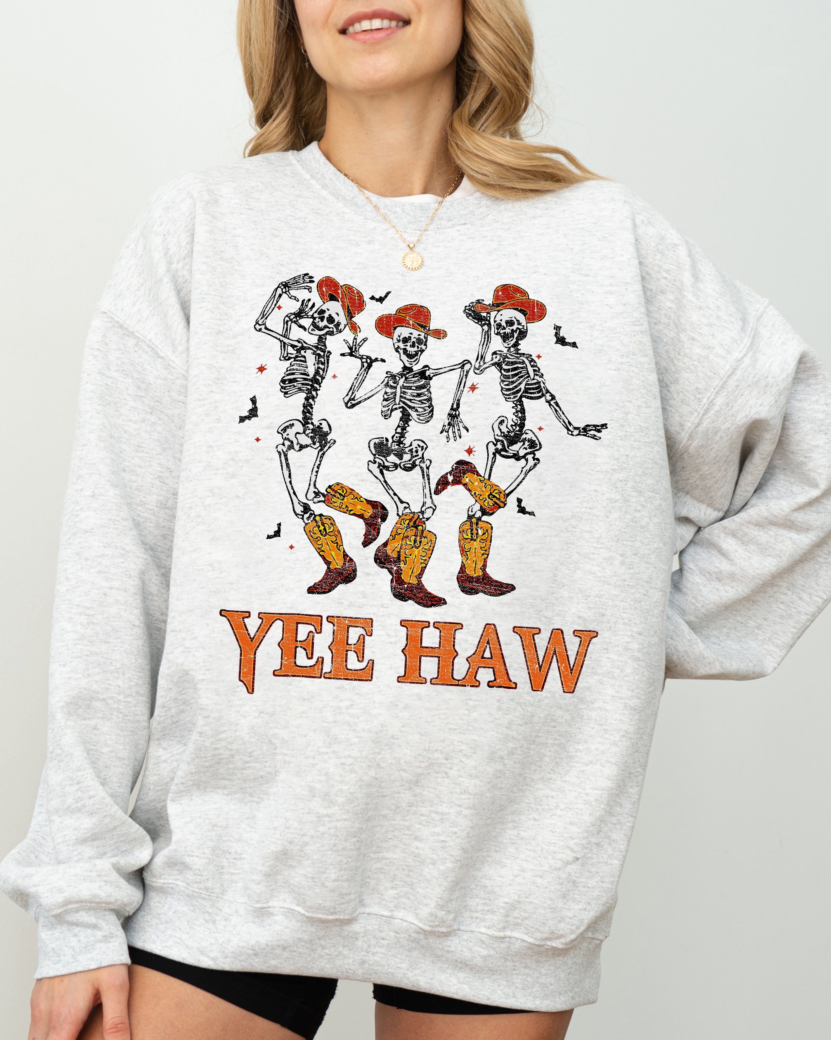 Yee Haw Western Skeleton Ghost Witch Skull Spooky Meme Halloween Graphic Sweatshirt