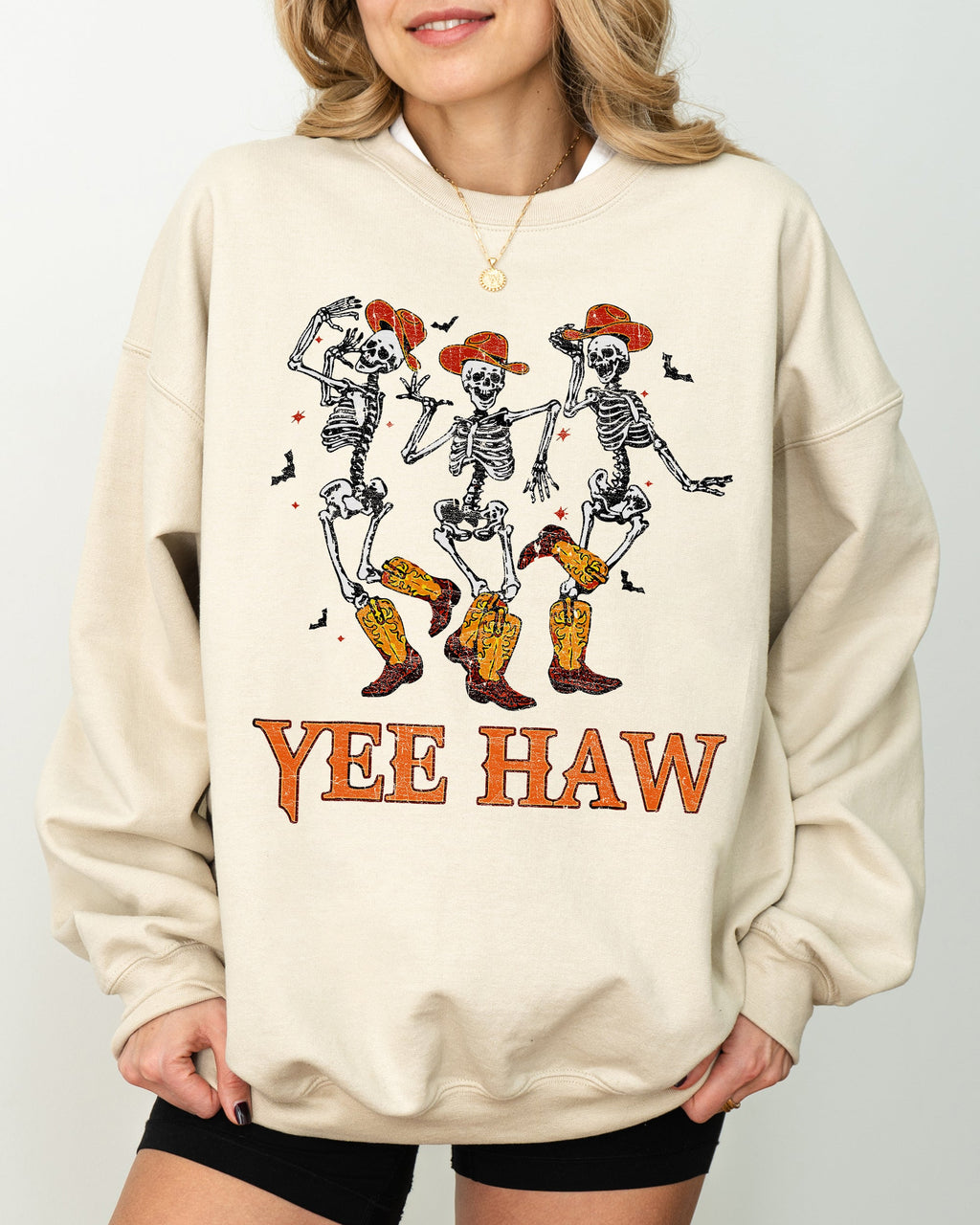 Yee Haw Western Skeleton Ghost Witch Skull Spooky Meme Halloween Graphic Sweatshirt
