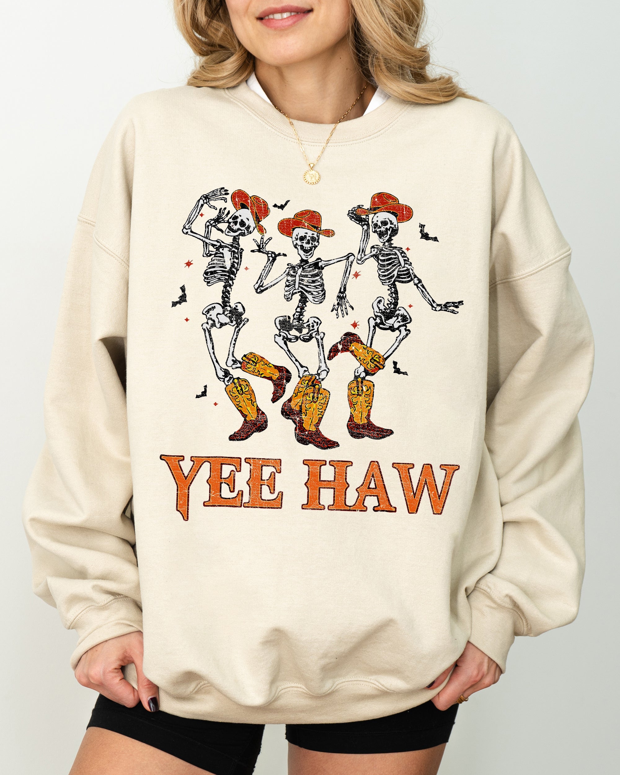Yee Haw Western Skeleton Ghost Witch Skull Spooky Meme Halloween Graphic Sweatshirt