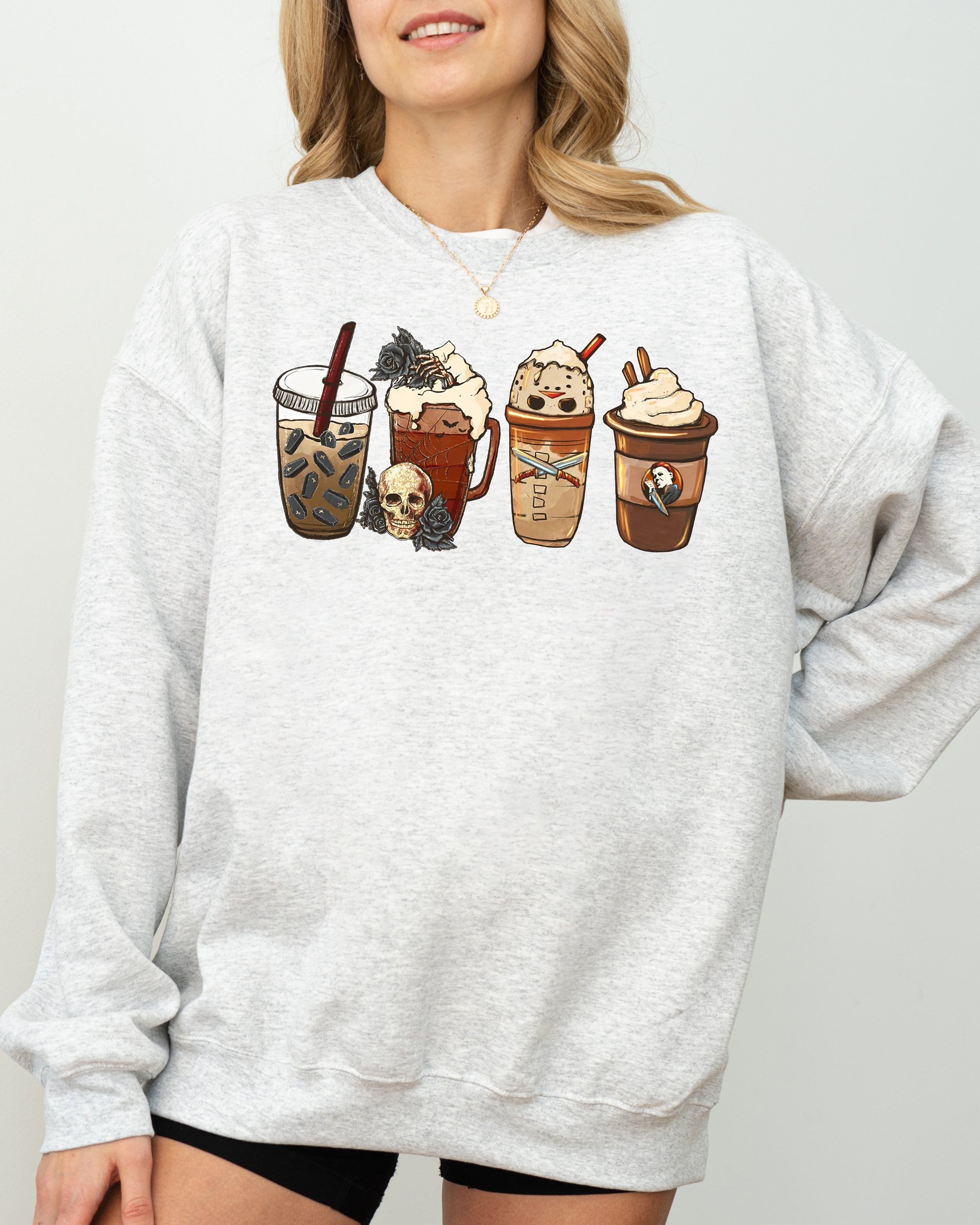 Halloween Coffee Spooky Skeleton Ghost Witch Skull Meme Aesthetic Graphic Sweatshirt