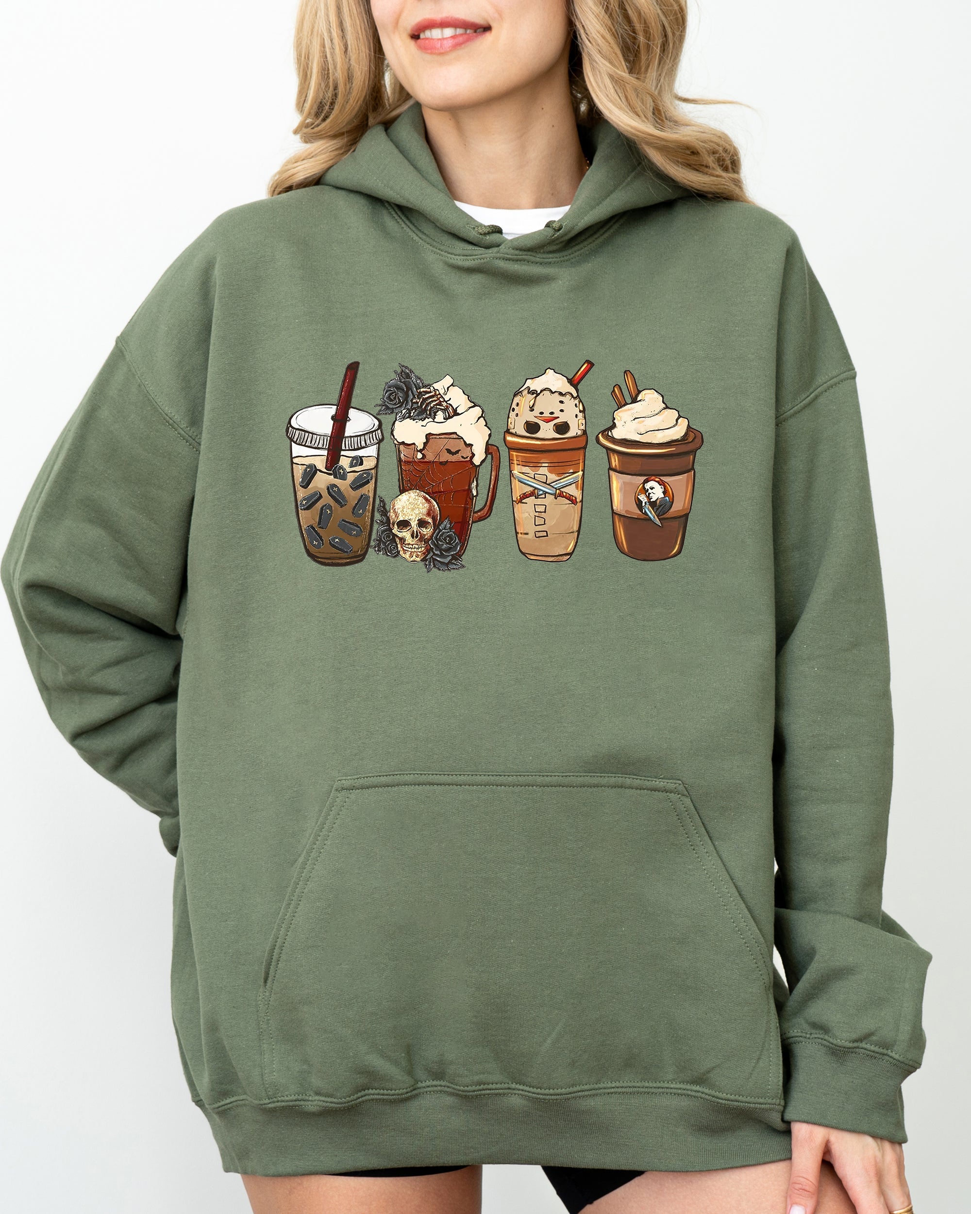 Halloween Coffee Spooky Skeleton Ghost Witch Skull Meme Vibes Edition Hooded Sweatshirt