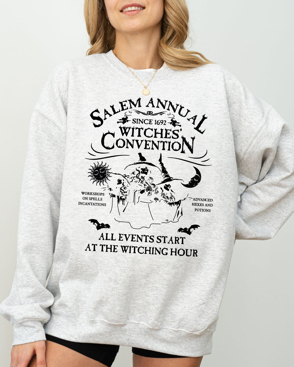 Salem Annual Witches Convention Spooky Skeleton Ghost Witch Skull Meme Halloween Costume Sweatshirt