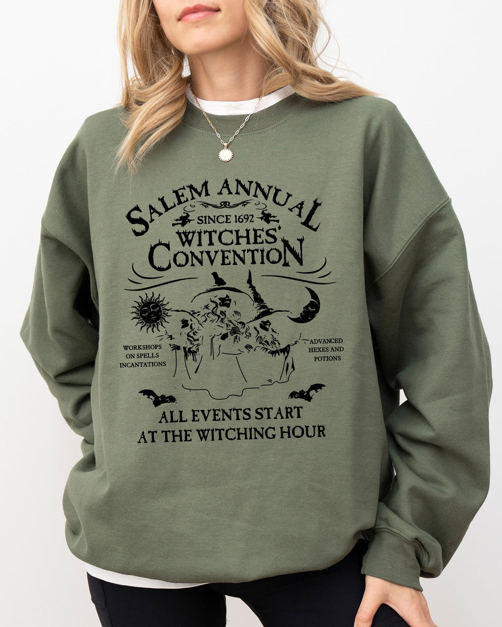 Salem Annual Witches Convention Spooky Skeleton Ghost Witch Skull Meme Halloween Costume Sweatshirt