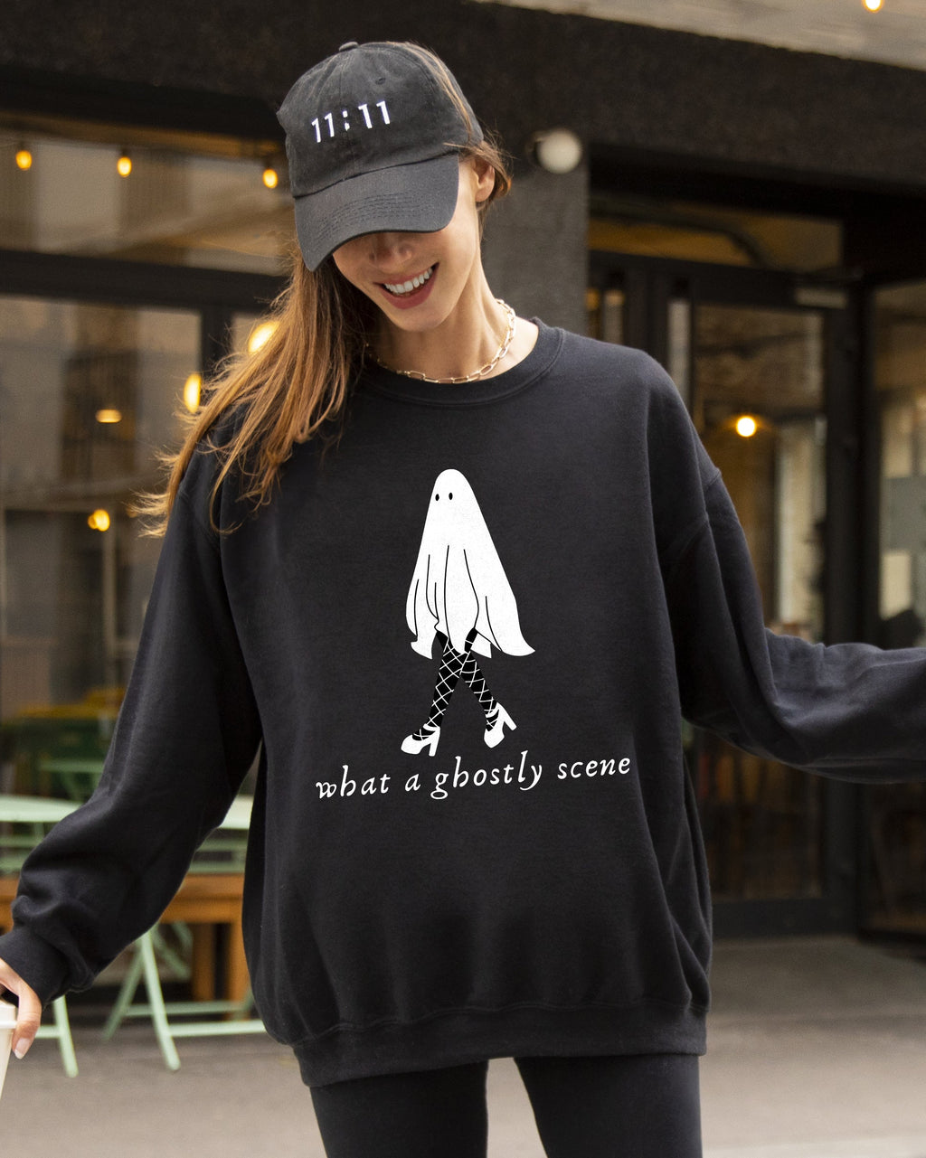 What A Ghostly Scene Spooky Skeleton Ghost Witch Skull Halloween Costume Sweatshirt