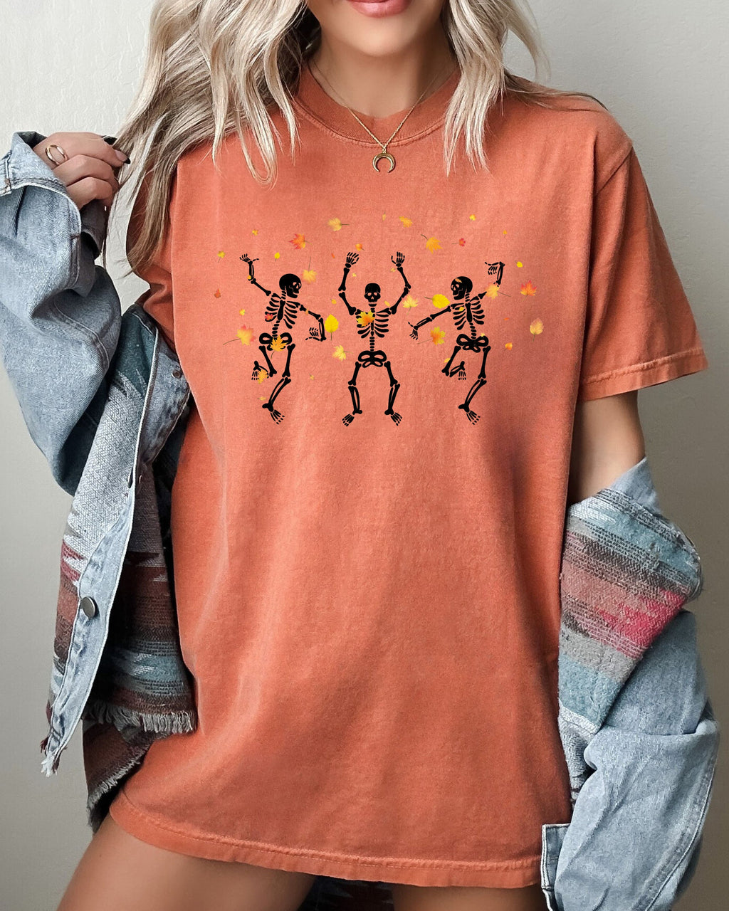 Fall Leaves Dancing Skeletons Ghost Witch Skull Halloween Meme Comfort Colors Tee