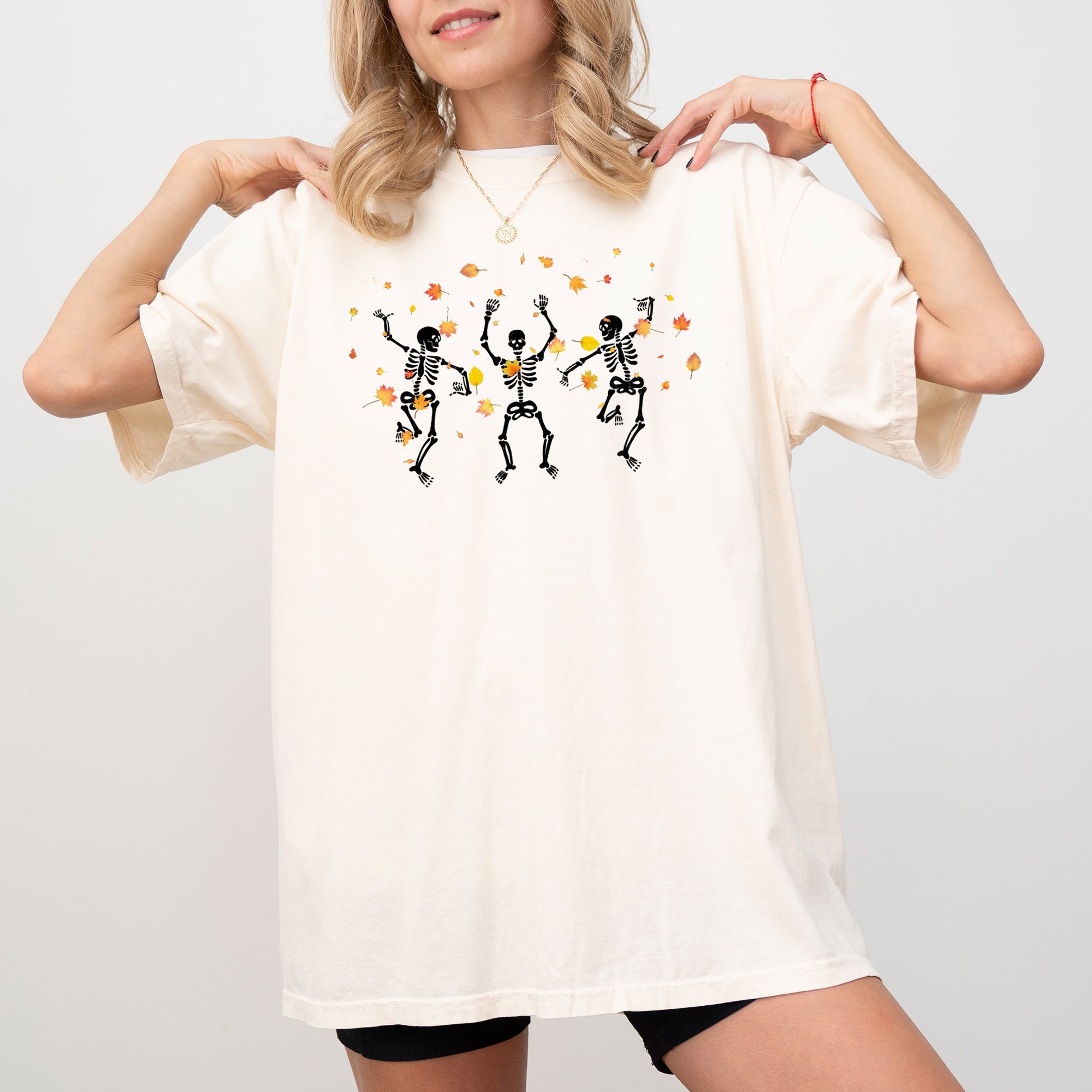 Fall Leaves Dancing Skeletons Ghost Witch Skull Halloween Meme Comfort Colors Tee