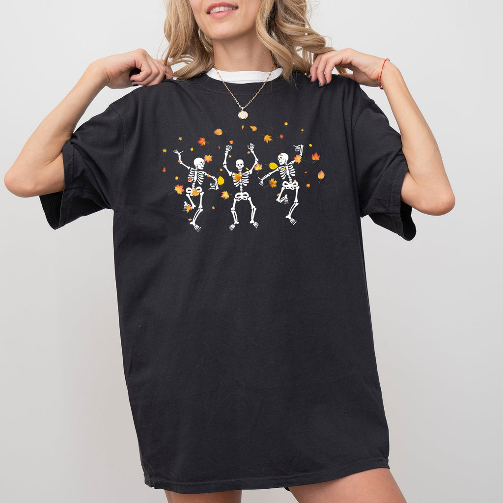 Fall Leaves Dancing Skeletons Ghost Witch Skull Halloween Meme Comfort Colors Tee