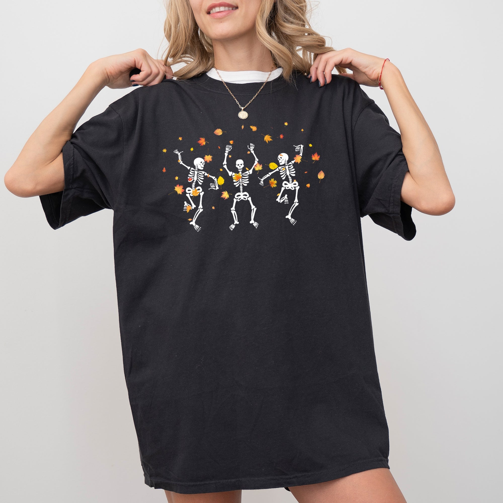 Fall Leaves Dancing Skeletons Ghost Witch Skull Halloween Meme Comfort Colors Tee