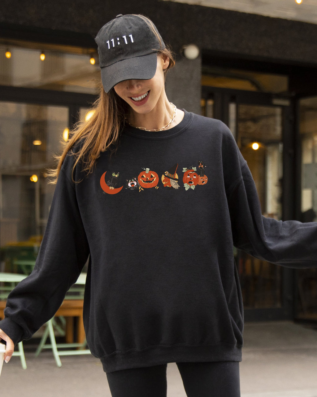 Vintage Halloween Pumpkin Skeleton Witch Skull Spooky Meme Graphic Art Sweatshirt