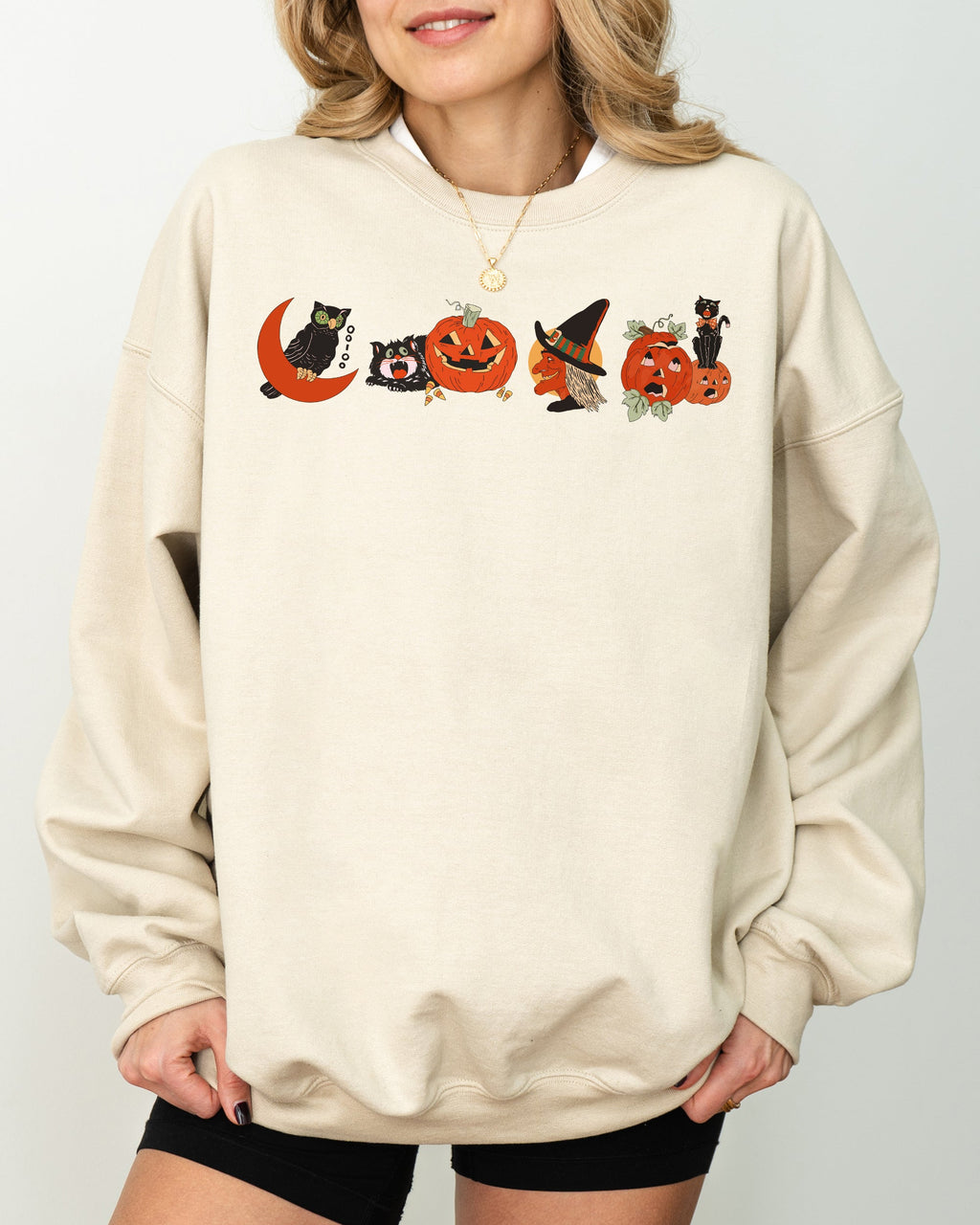 Vintage Halloween Pumpkin Skeleton Witch Skull Spooky Meme Graphic Art Sweatshirt