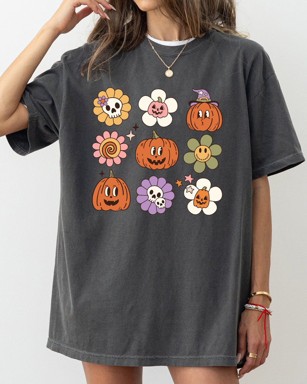 Retro Pumpkins Fall Skeleton Witch Skull Spooky Halloween Costume Comfort Colors Tee