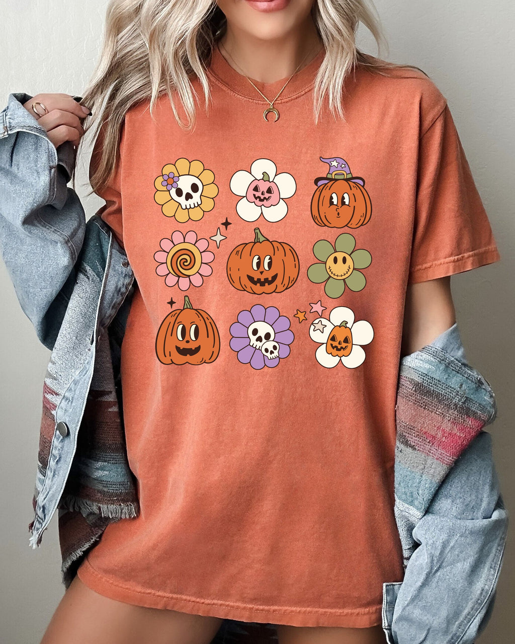 Retro Pumpkins Fall Skeleton Witch Skull Spooky Halloween Costume Comfort Colors Tee