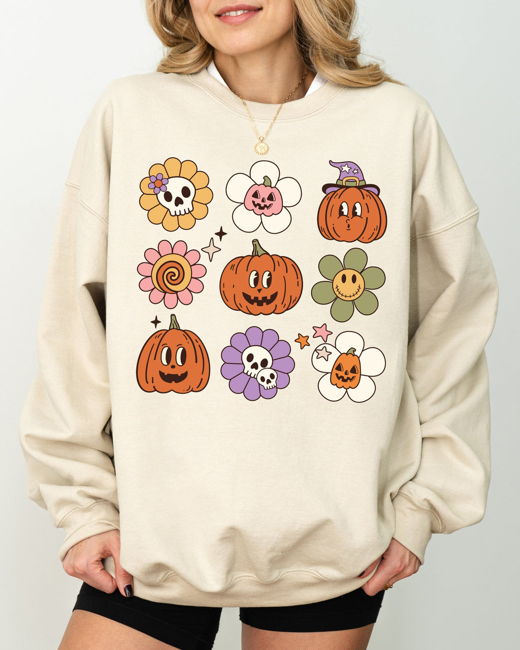 Retro Pumpkins Fall Skeleton Witch Skull Spooky Meme Halloween Costume Sweatshirt