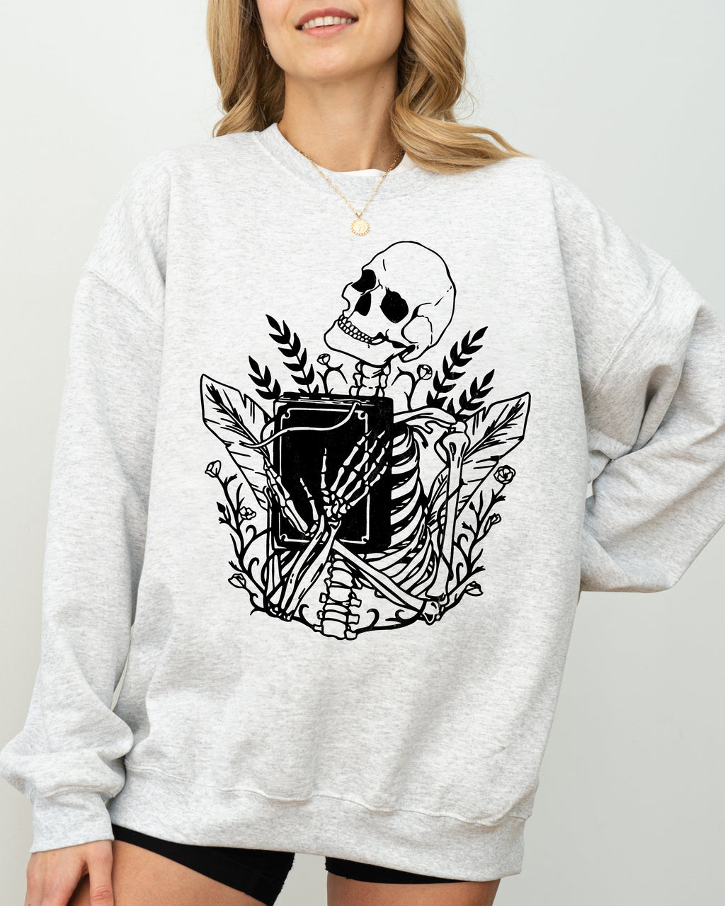 Reading Skeleton Witch Ghost Skull Spooky Meme Halloween Costume Seasonal Sweatshirt